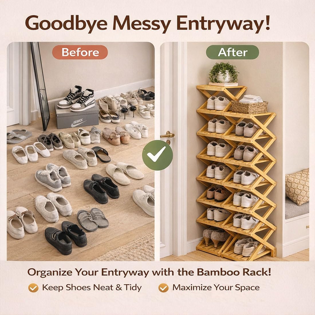 The 9-Tier No-Assembly Bamboo Rack, 2026 Upgraded Foldable Shoe Organizer , Tall Narrow Corner Shoe Shelf / Storage Stand for Entryway Closet Dorm, 2-9 Tiers, Natural or Tea Color (Nature,9Layer)