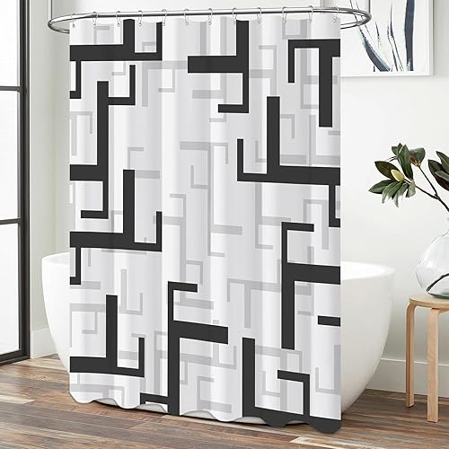 Miniatura 7 de BTTN Cortina de ducha de tela extralarga, 72 x 84 pulgadas de largo, juego de cortina de ducha de tela geométrica impermeable con 12 ganchos,