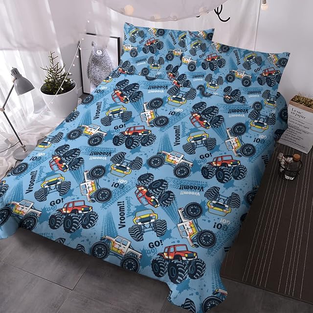 BlessLiving Truck Duvet Cover Set for Boys Kids Teens Blue Monster Truck Cars Bedding Sets Cute Truck Printed Bed Set with 2 Pillow Cases (Single)