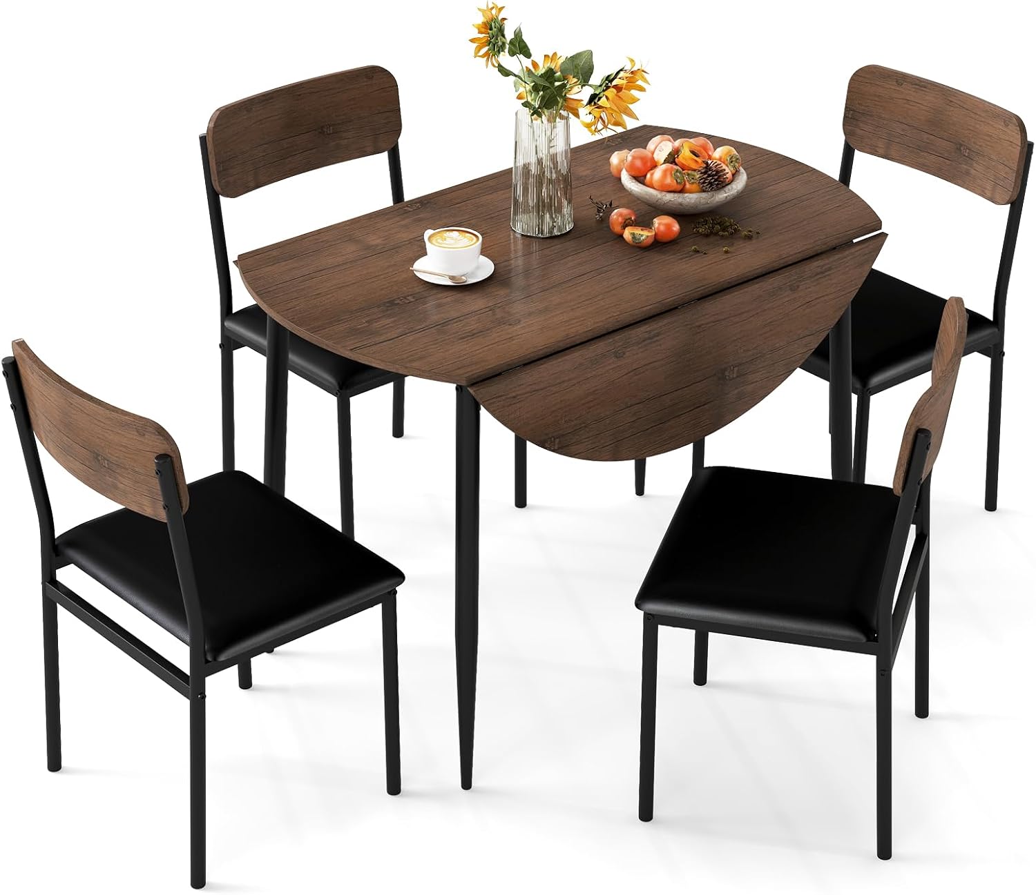 Giantex 5-Piece Dining Table Set for 4, 43.5" Round Kitchen Table and 4 Upholstered Dining Chairs with Drop Leaf Tabletop, Sturdy Metal Frame, Space Saving Farmhouse Dinette Set for Dinette Dinner