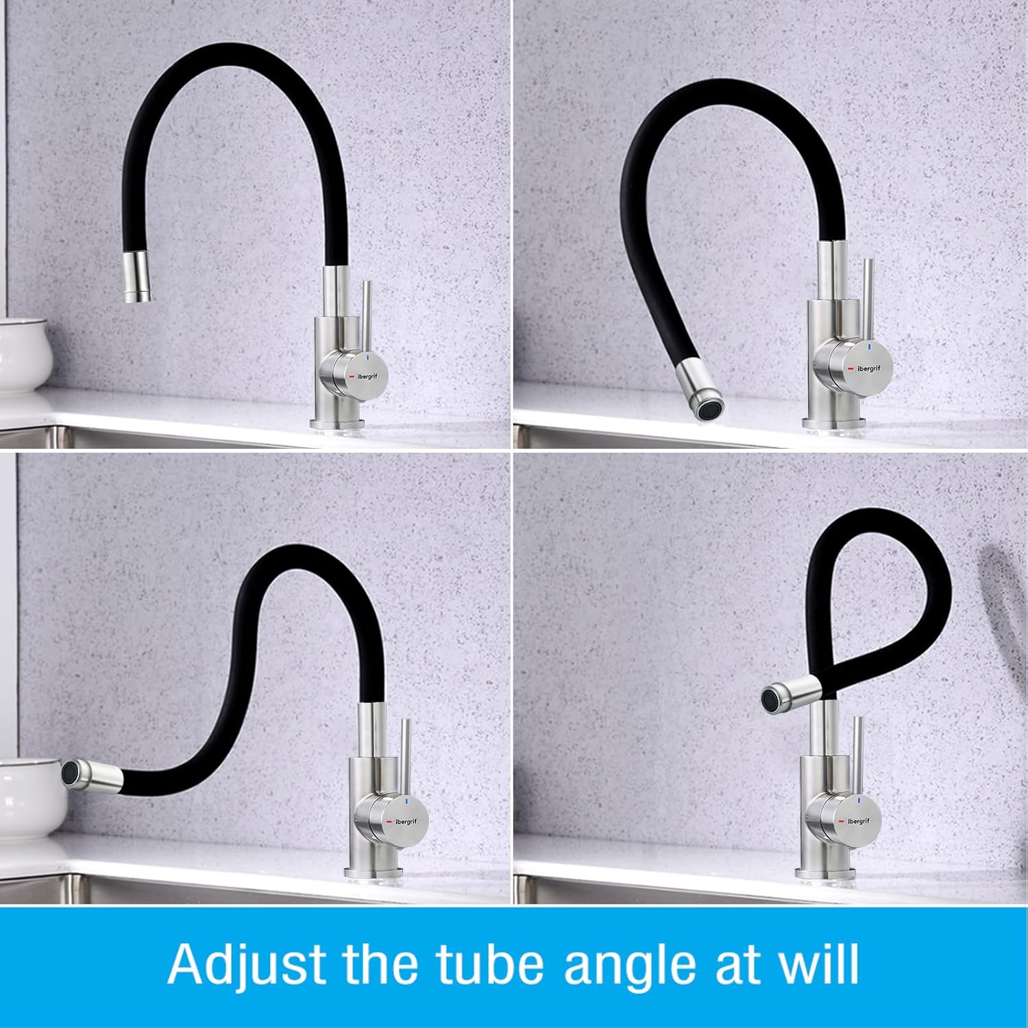 Four-panel image demonstrating the flexibility of the faucet spout, showing it bent into various shapes and positions.