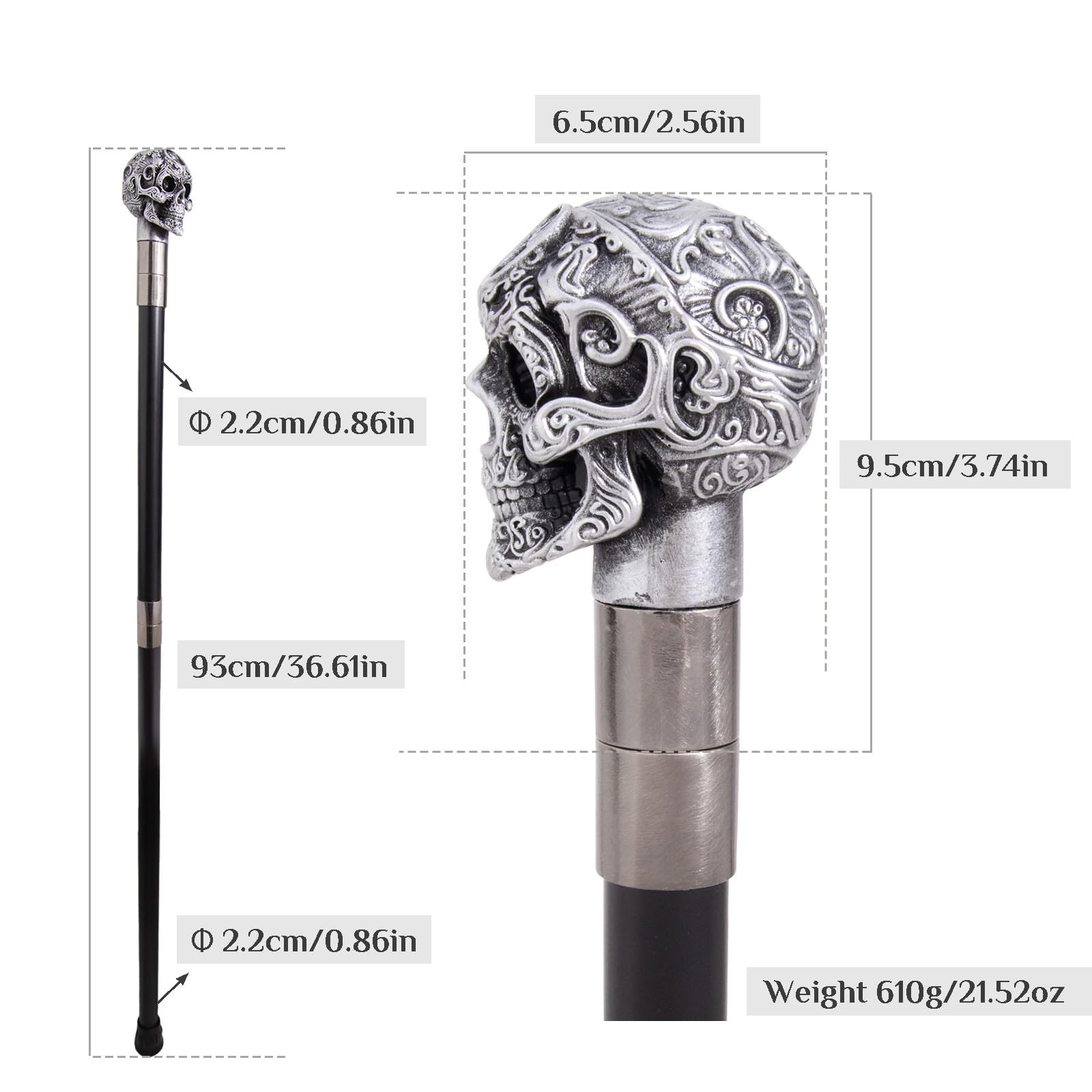 Elegante Bastón de Lujo con Diseño de Calavera, para Hombre y Mujer, con Empuñadura Antideslizante Extraíble, Cospaly Vintage Party 93 Cm(Silver)