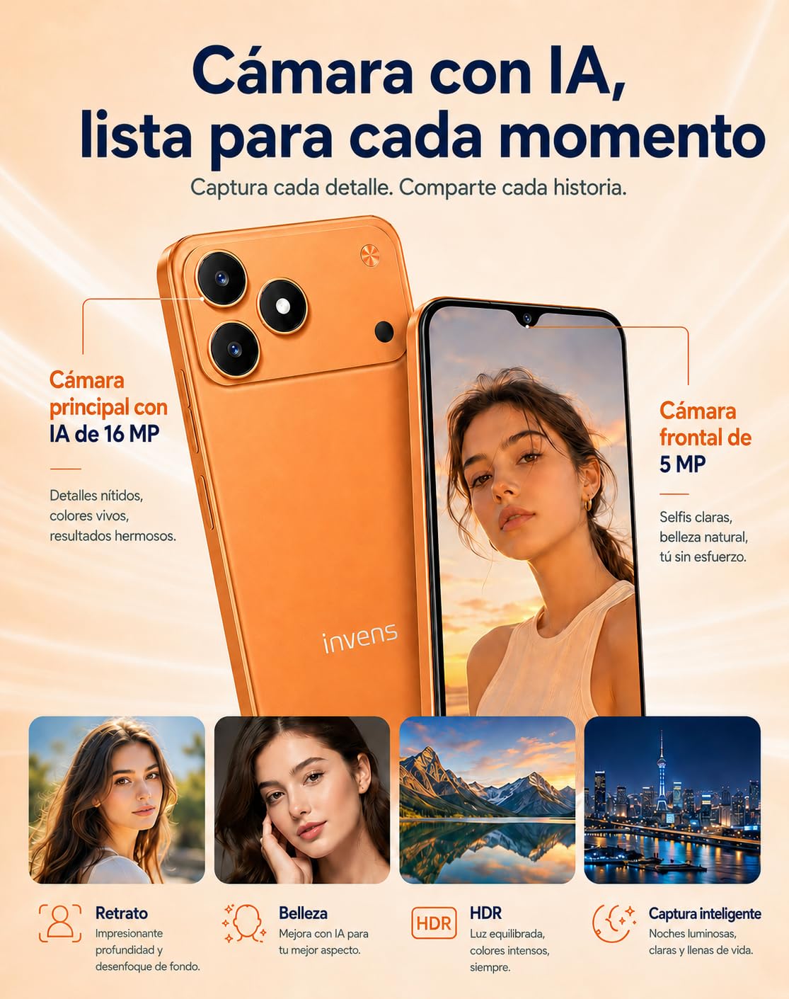 invens Note 15P Smartphone 4G Libre, Móvil Android 16 Go con Pantalla 6,52 Pulgadas, 9GB RAM + 32GB ROM, Dual SIM + TF 256GB, Cámara 16MP+5MP, Face ID, Batería Extraíble 3500mAh, USB-C, Negro