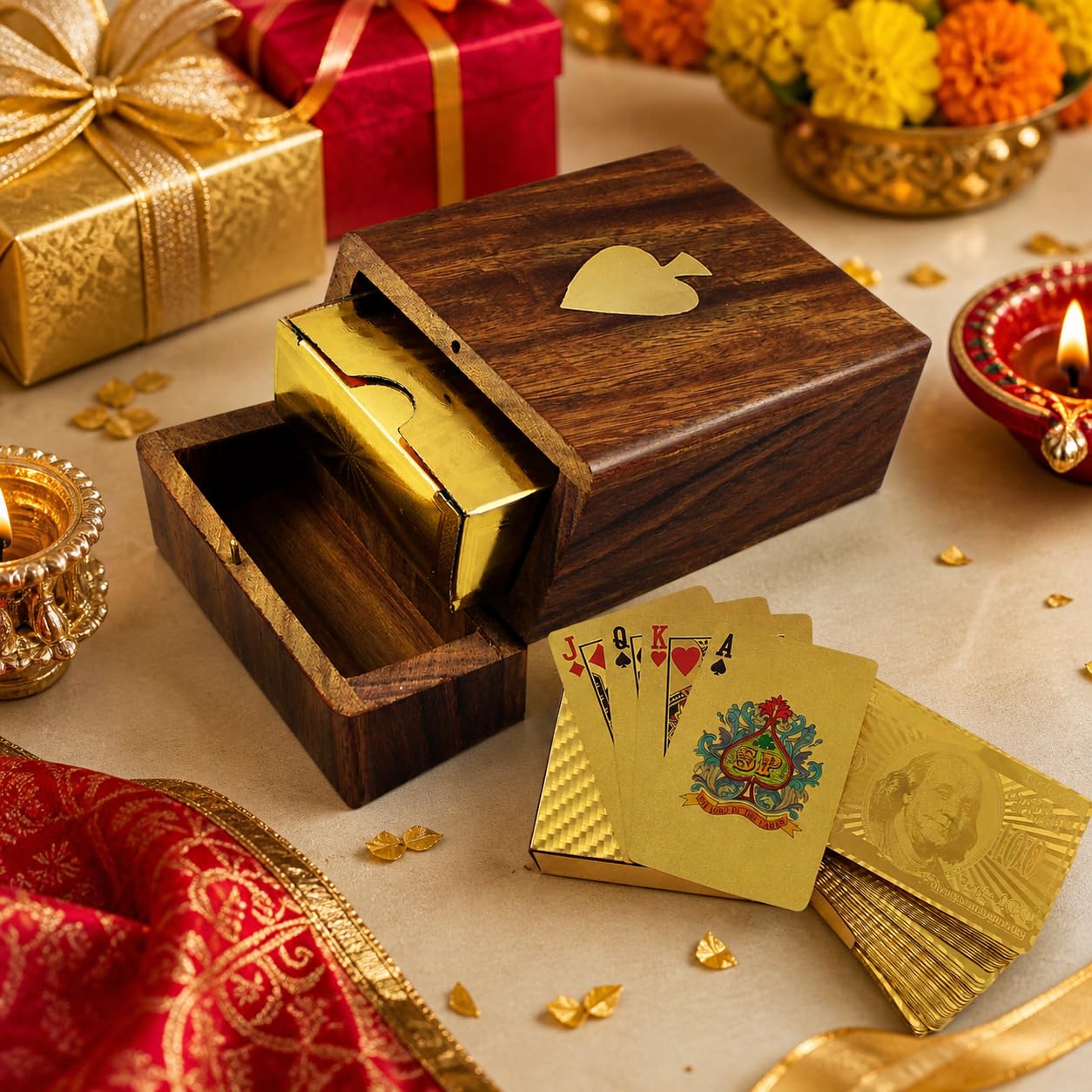 Kartique Golden Playing Card in Handmade Wooden Box with Brass Inlay