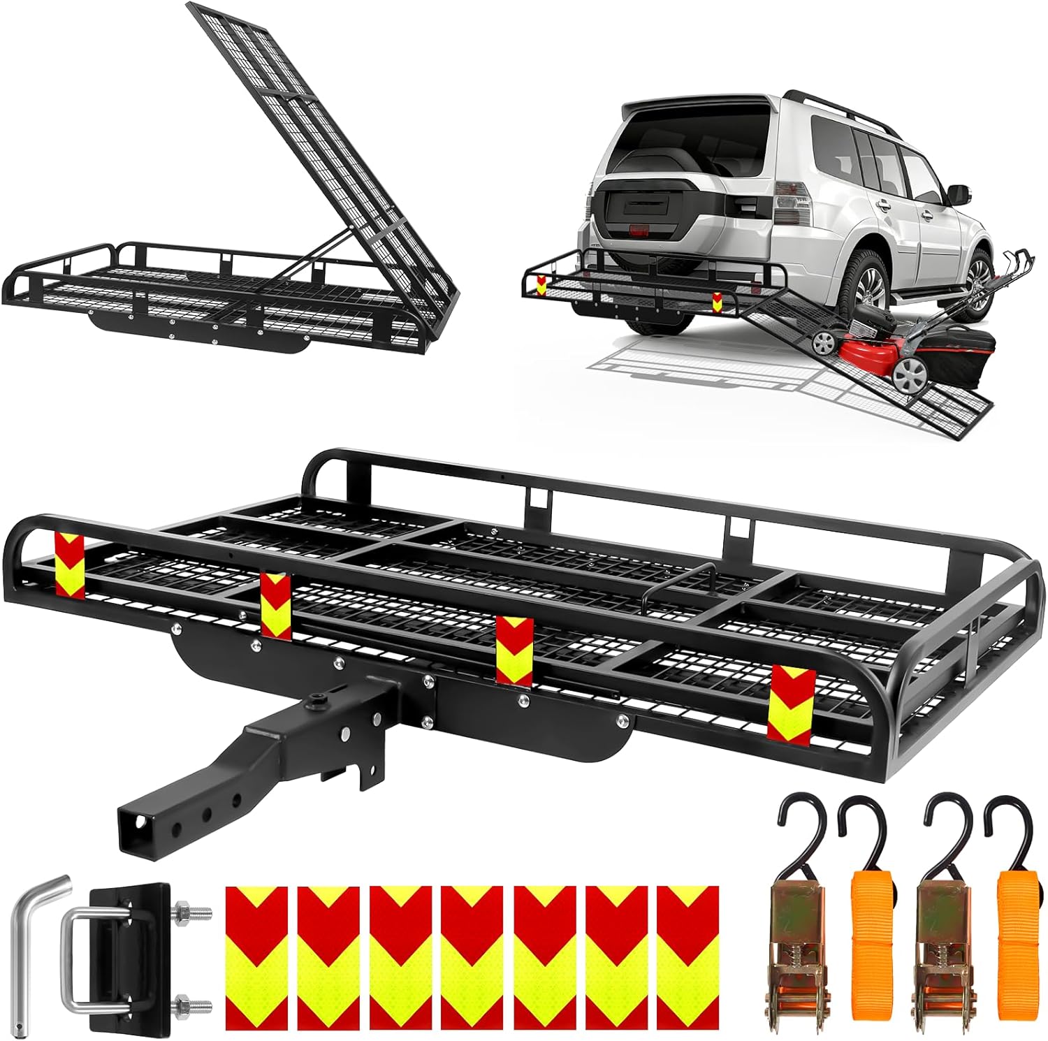 55"x34" Trailer Hitch Cargo Carrier, 1000LBS Aluminum Alloy Hitch Cargo Carrier with Ramp, Folding Mobility Scooter Carrier, Wheelchair Carrier for Car with 2" Receiver & Reflective Strips for Truck