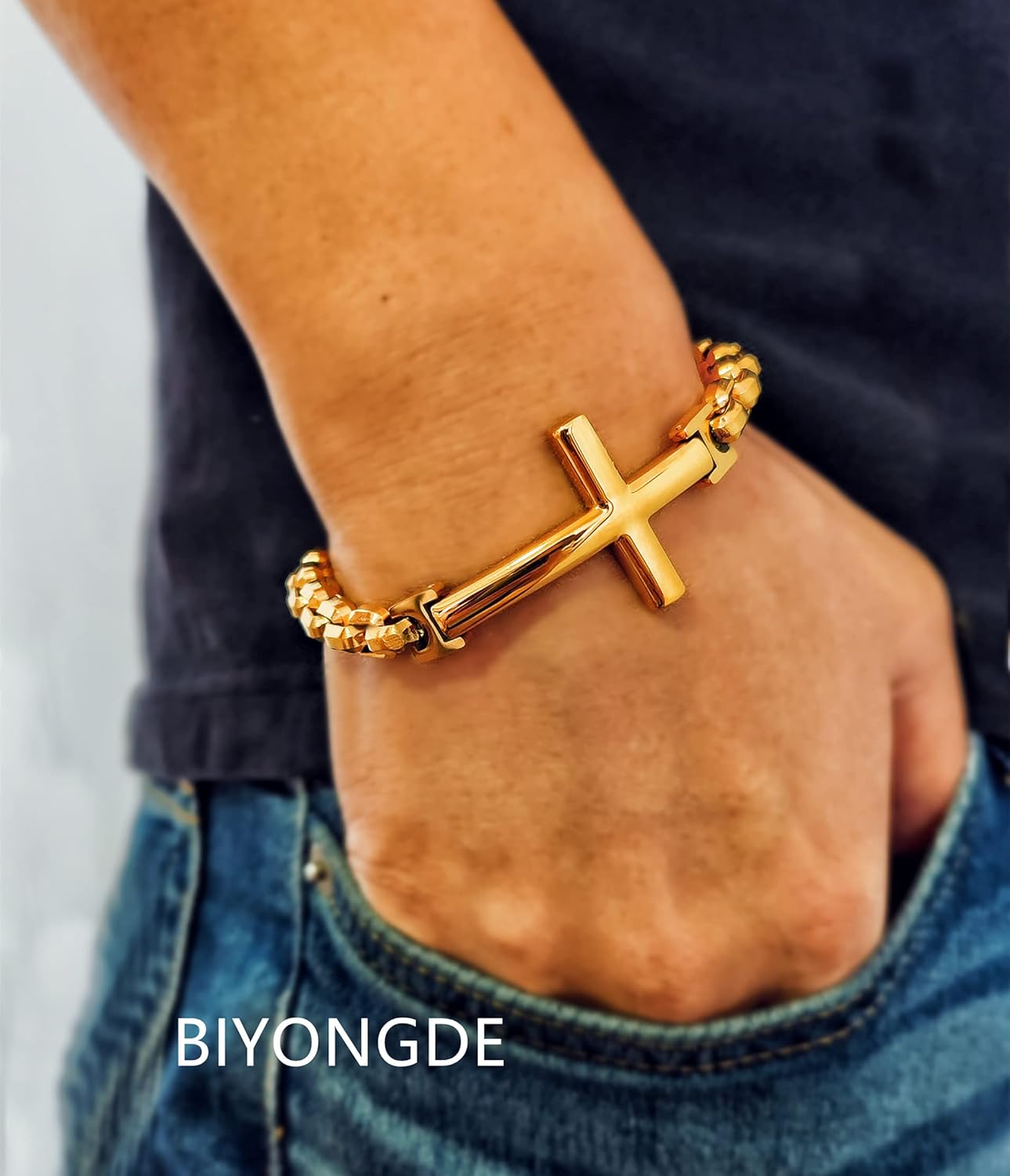 Men Horizontal Sideway Lateral Cross Rolo Chain Link Chain Bangle Bracelet Steel - Image 3