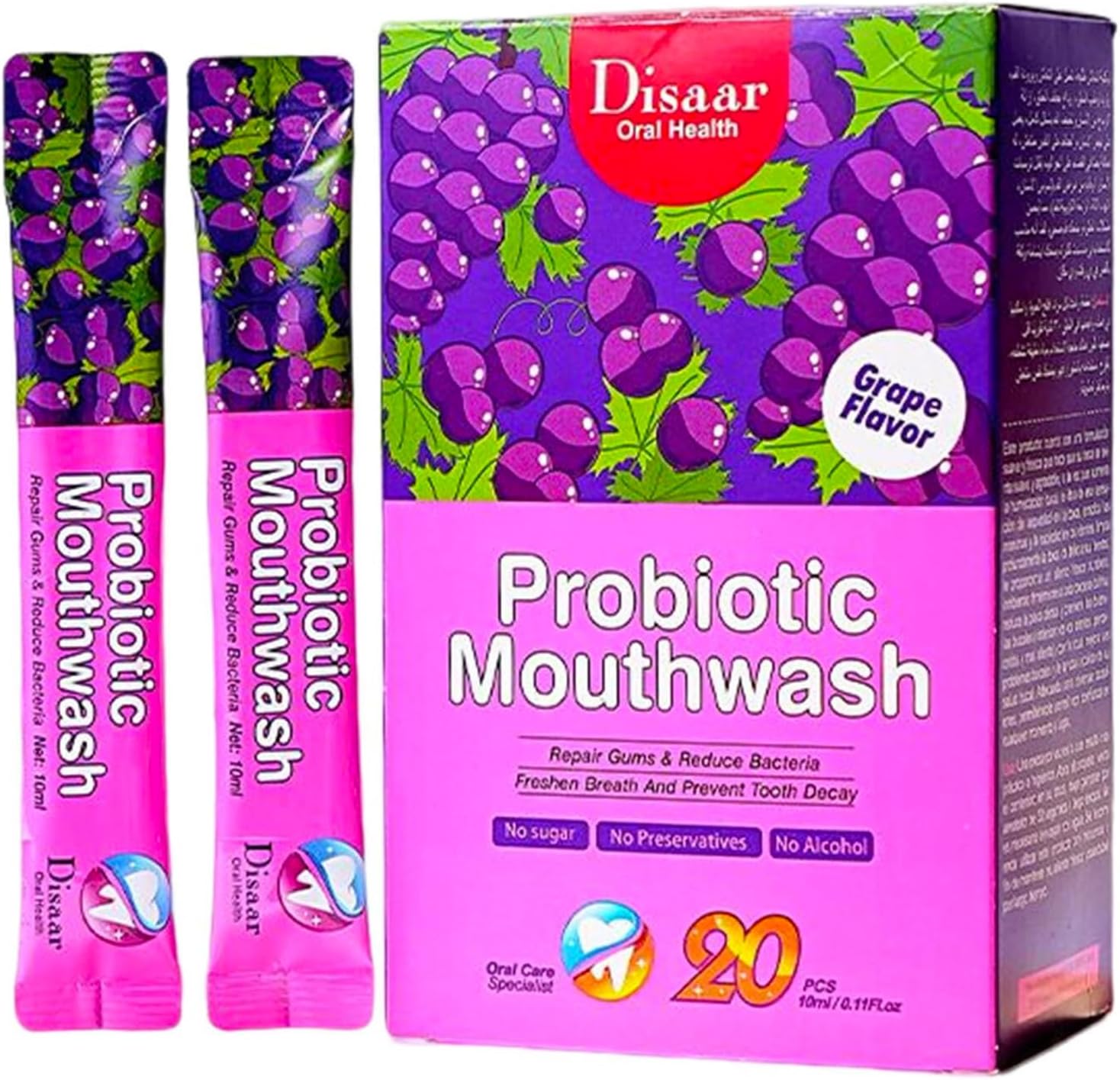 DISAAR BEAUTY Probiotic Mouthwash Removes Tooth Stains Soft Cool Mouth Feeling Protect Clean Deodorant Teeth 0.11fl.oz X 20pcs (Grape - Repair Gums & Fresh Breath & Prevent Decay)