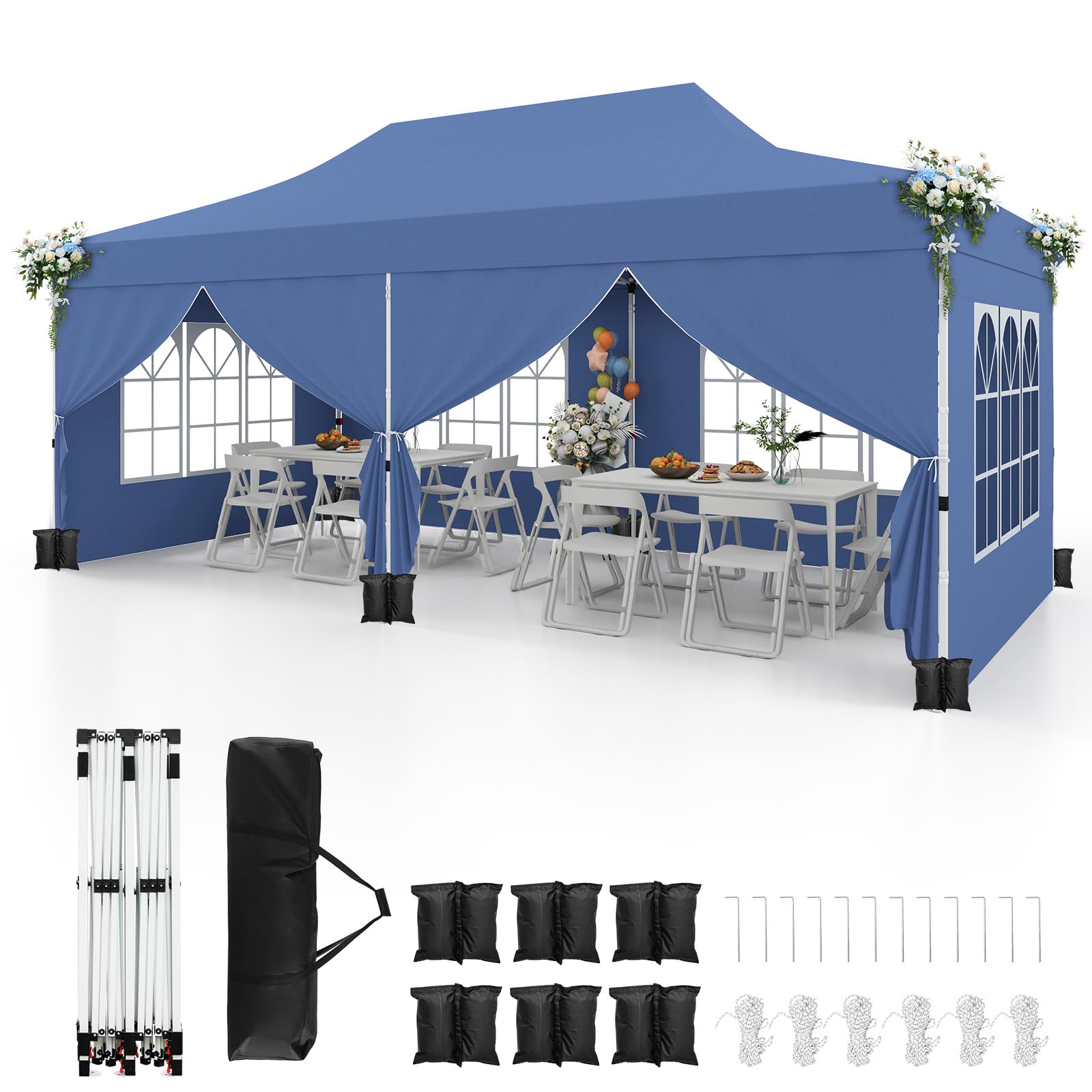 COSTWAY Carpa Plegable 3x6m, 6 Paredes Laterales Desmontables, Pergolas de Jardin Pop UP, Protección UV 50+ Impermeable, 6 Sacos de Arena, Cenadores Pabellón Jardin Exteriores (Azul)