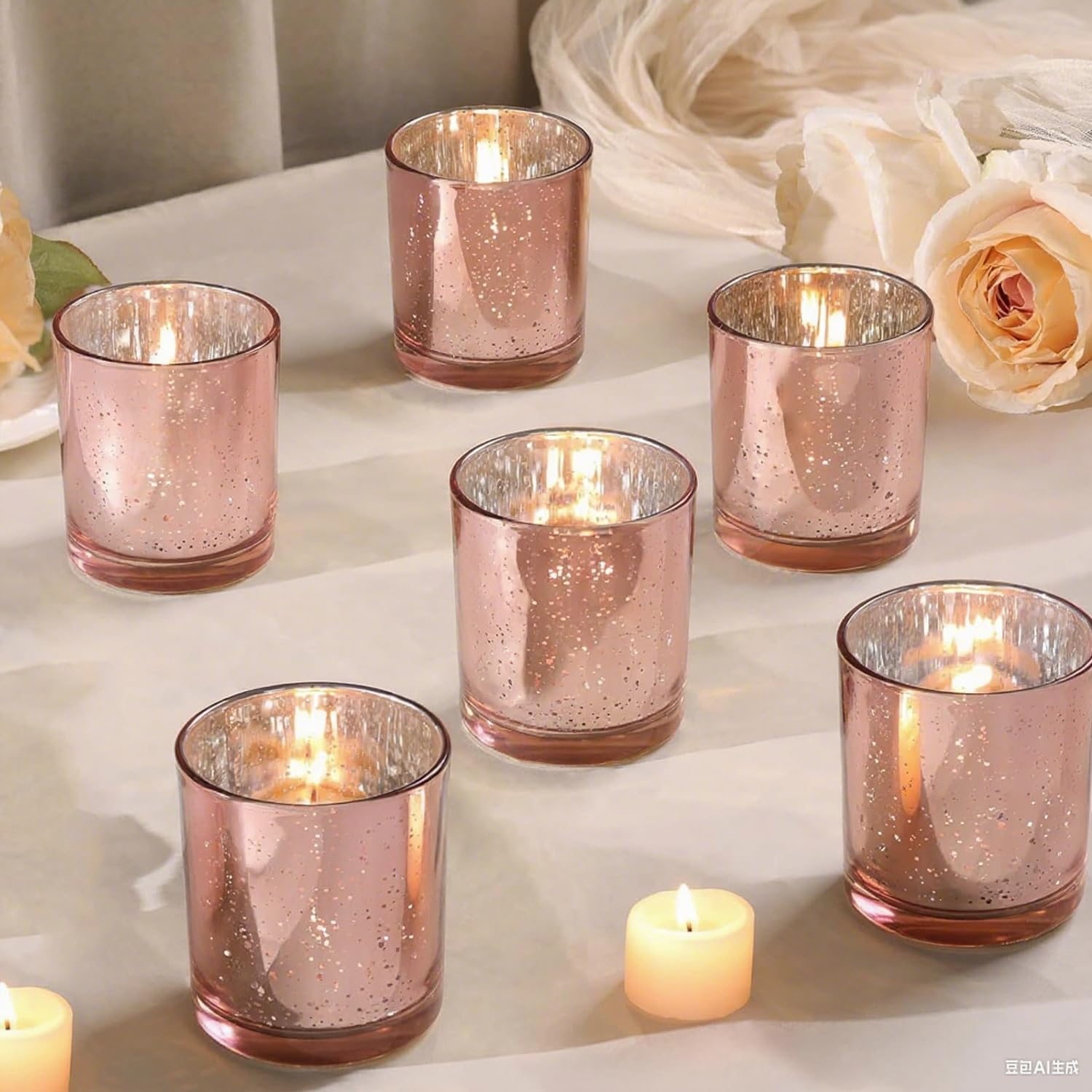 6pcs Candle Holders Votive, Glass Tea Light Holders Bulk for Weddings, Events, Table Centrepiece, Christmas, Valentine, and Party and Holiday Decorations Rose Gold
