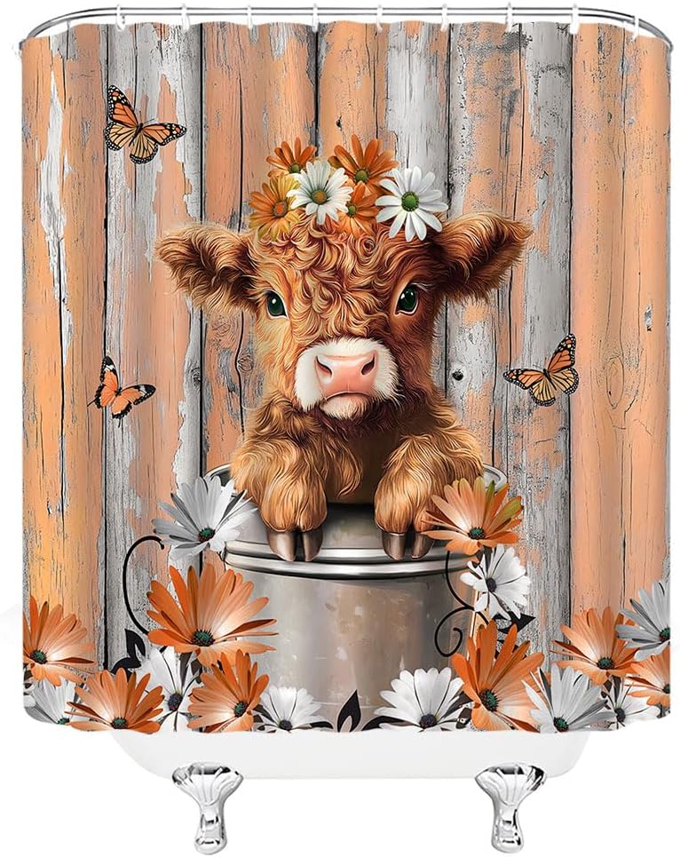 Funny Highland Cow Shower Curtain Farm Orange Daisy Floral Rustic Western Farmhouse Animal Calf Country Wooden Board Polyester Curtains Bathroom Decor with Hooks 70" Wx84 H