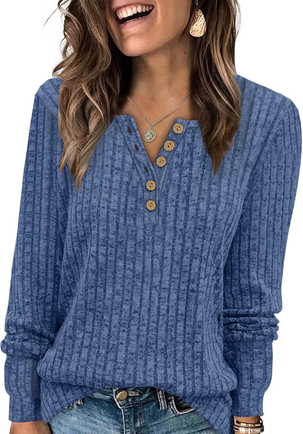 Womens Henley Sweaters 2026 Fall Winter Ribbed Knit V Neck Button Pullover Long Sleeve Tops