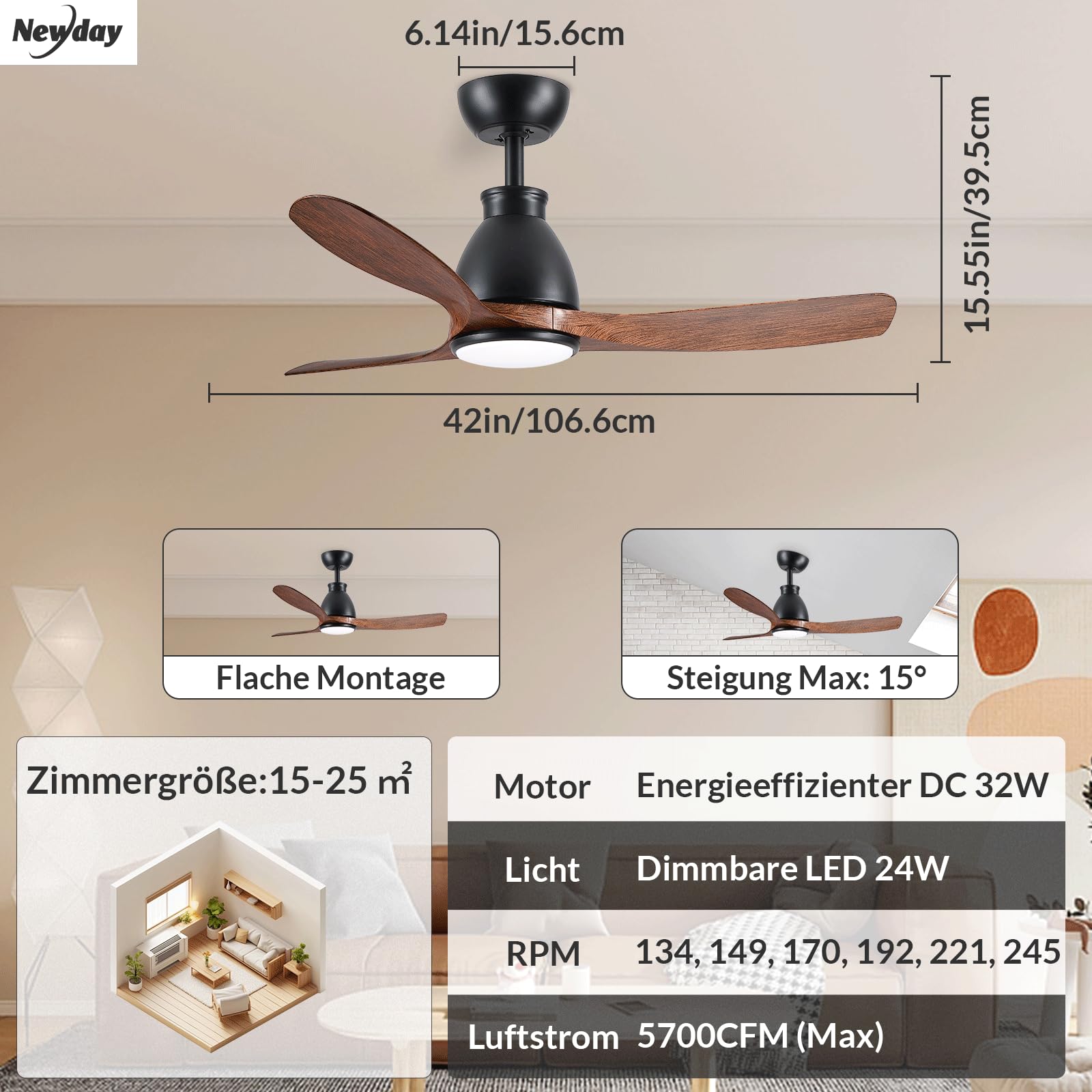 Newday Deckenventilator Holzfarbe mit Licht, 106cm Deckenventilatoren mit Fernbedienung Leise, Ventilator Lampe Decke mit Stufenloser Dimmer, 7 Geschwindigkeiten-Modus, Speicherfunktion, 3 Flügel