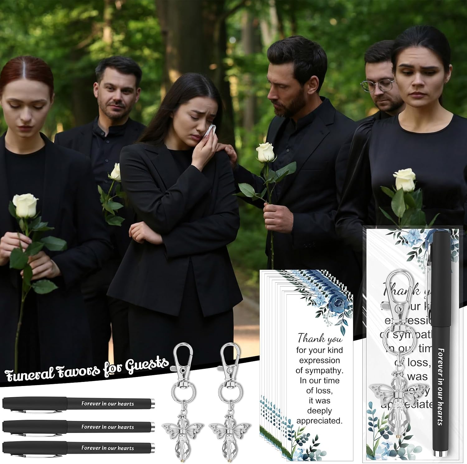 Yexiya 60 Set Funeral Favors Life Celebration Favors Angel Keychains Thank You Cards and Memorial Ballpoint Pens for Memorial Guest Return Gifts Relatives and Family