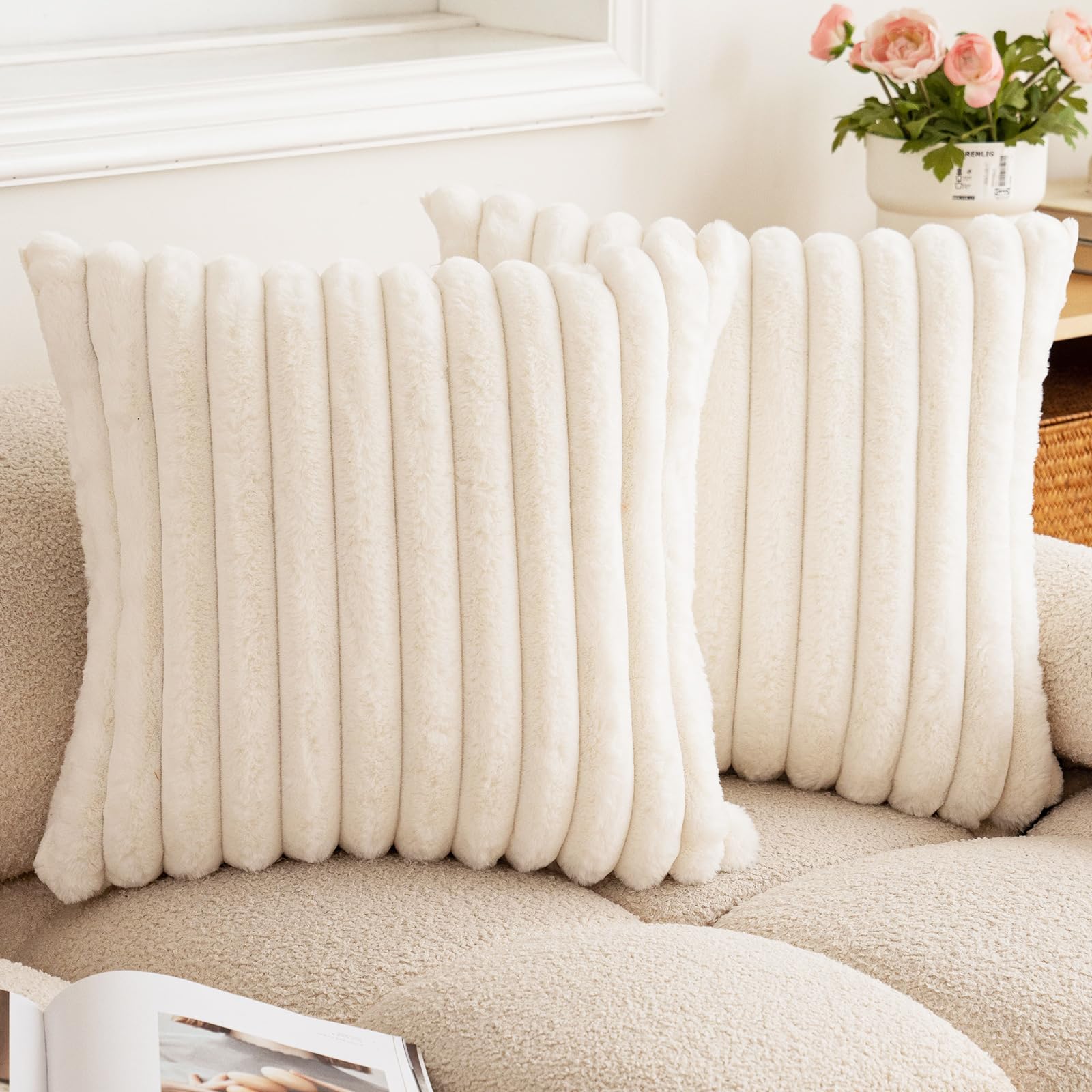 BAOLIZEGAO Double-Sided Faux Fur Plush Throw Pillow Covers 22x22 Set of 2 Fuzzy Striped Soft Cozy Pillowcase Luxury Decorative Pillows Square Fluffy