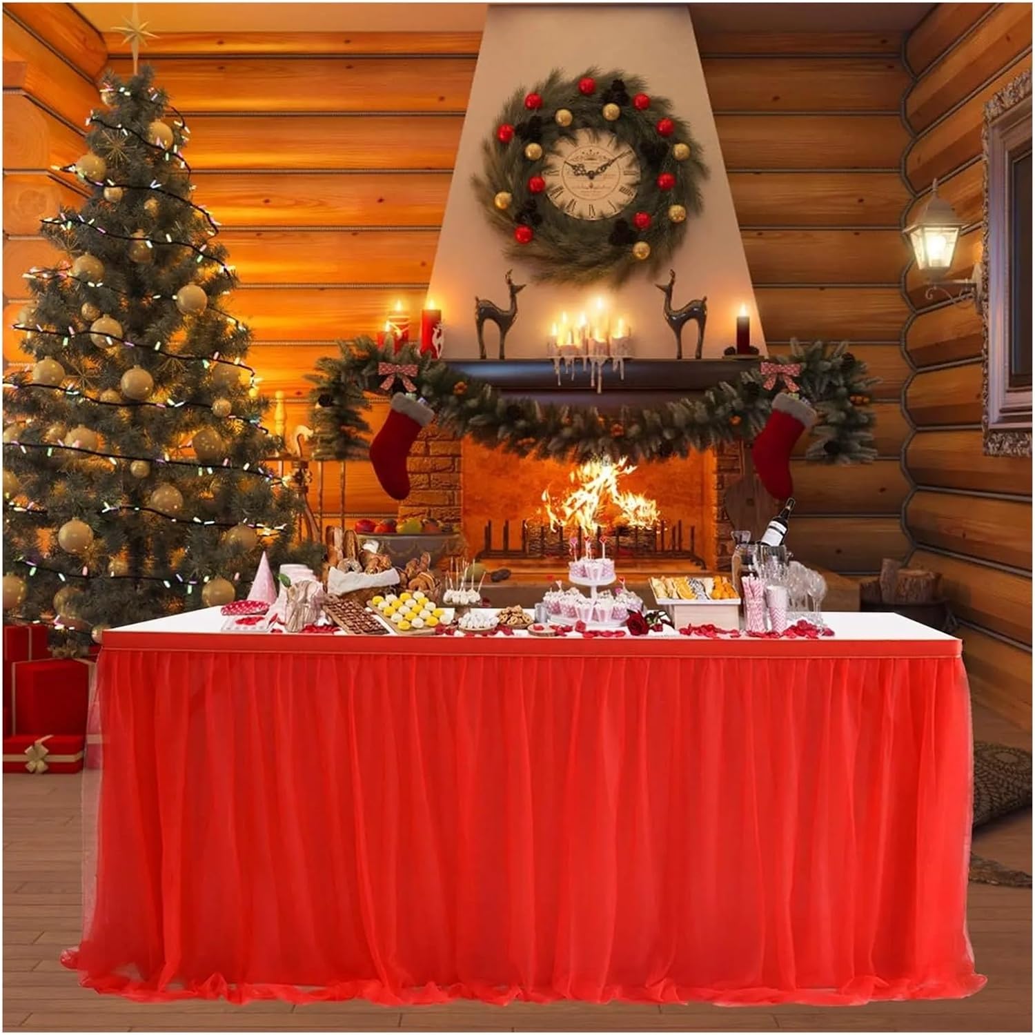 Party Table Skirt Table Skirt for Birthday Party Tutu Cloths for Weddings Shower Bridal Dessert Cake Decorations(Red,14FT 427 X 78cm)