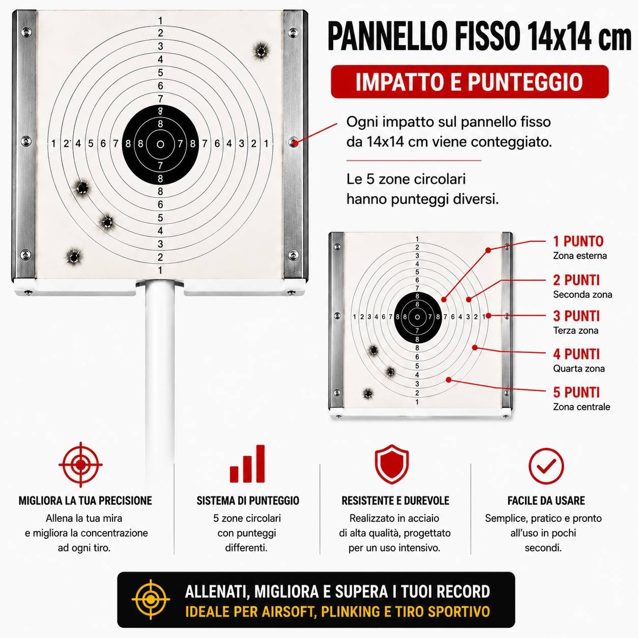 Bersaglio Metallico Mobile 8 Target Girevoli Pannello Fisso 14x14 cm Tiro Sportivo Aria Compressa Airsoft