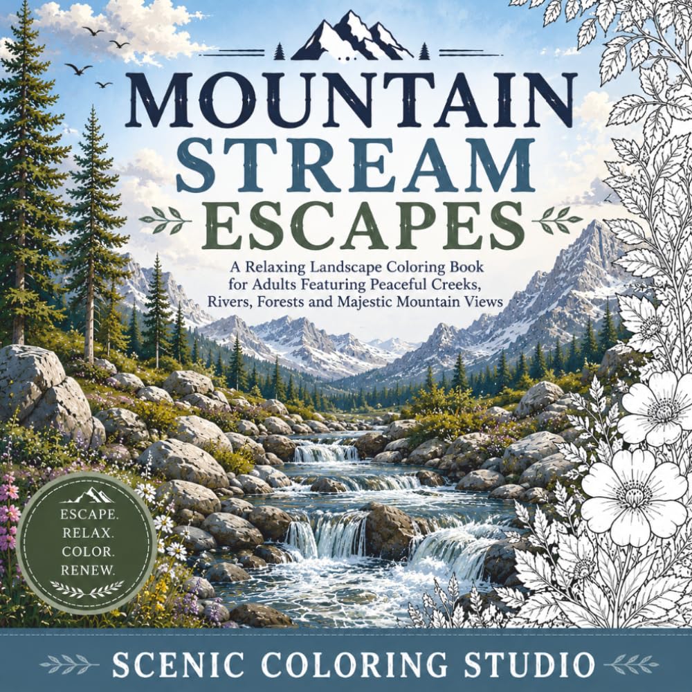 MOUTAIN STREAM ESCAPES: A Relaxing Landscape Coloring Book for Adults Featuring Peaceful Creeks, Rivers, Forests and Majestic Mountain Views