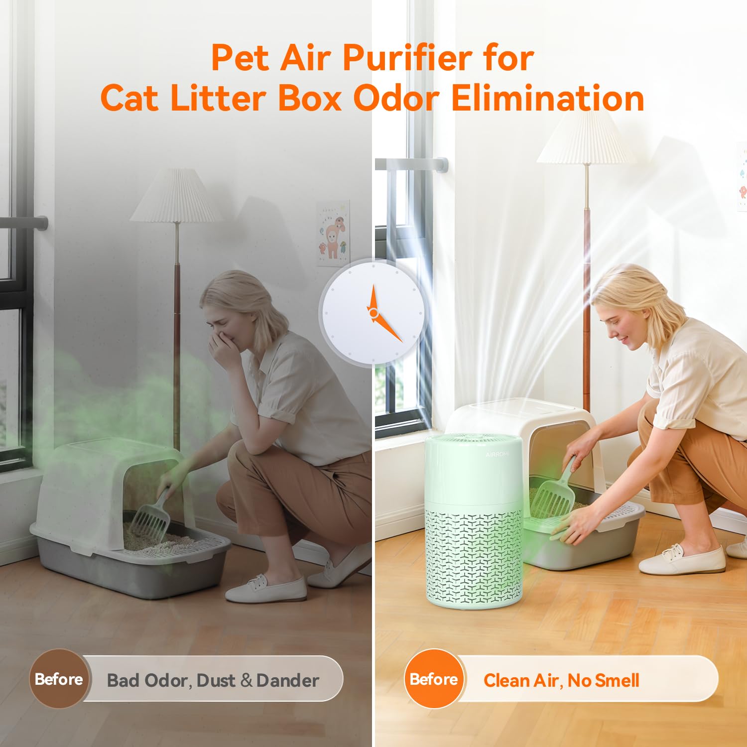 AIRROMI Purificatore d'aria per animali domestici per allergie domestiche, fino a 100 m². Filtro HEPA a carbone attivo deodorante, con spugna profumata per dormire meglio, luce notturna, peli di