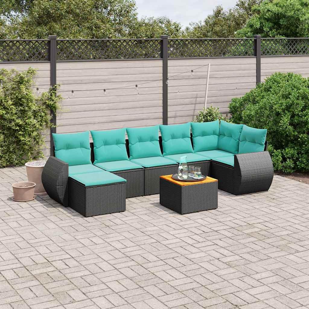 Set Divani da Giardino 8 Pz in Polyrattan con Cuscini | Salotto componibile per cortile e patio con tavolino in acacia e cuscini sfoderabili per momenti di relax.