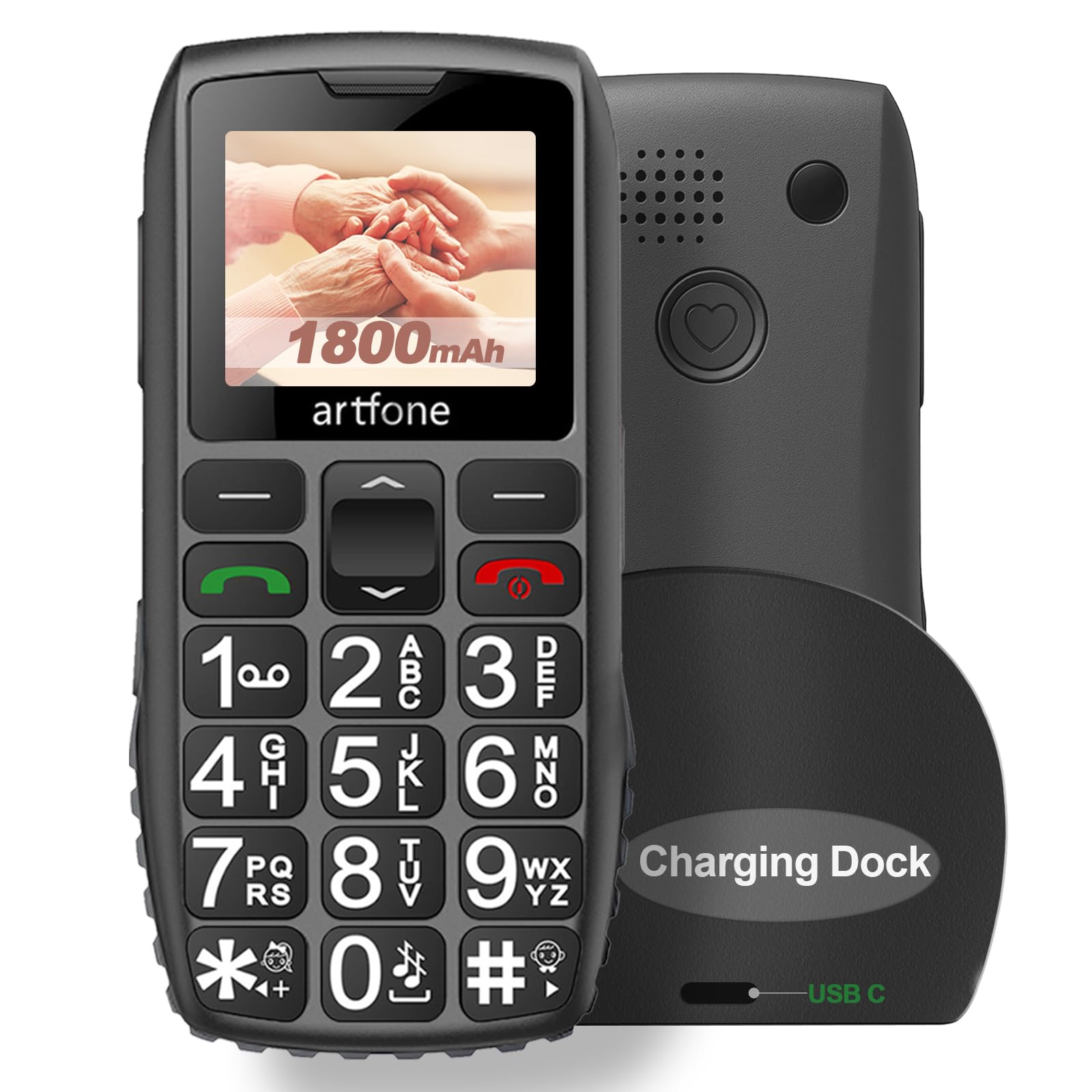 Artfone Seniorenhandy ohne Vertrag – Dual SIM 2G GSM mit Großtasten, SOS Notruf, Ladestation, 1800mAh Akku – Schwarz