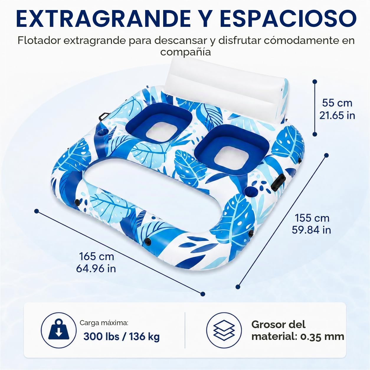 Sillón hinchable para 2 personas con respaldo grande | Isla de natación colchón de aire, soporte para bebidas, asa, para playa y piscina, para adultos