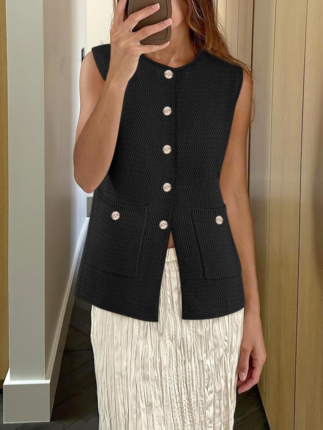 Yousify Womens Sweater Vest Sleeveless Button Down Round Neck Knitted Tank Tops Casual Cardigan with Pockets - Image 3