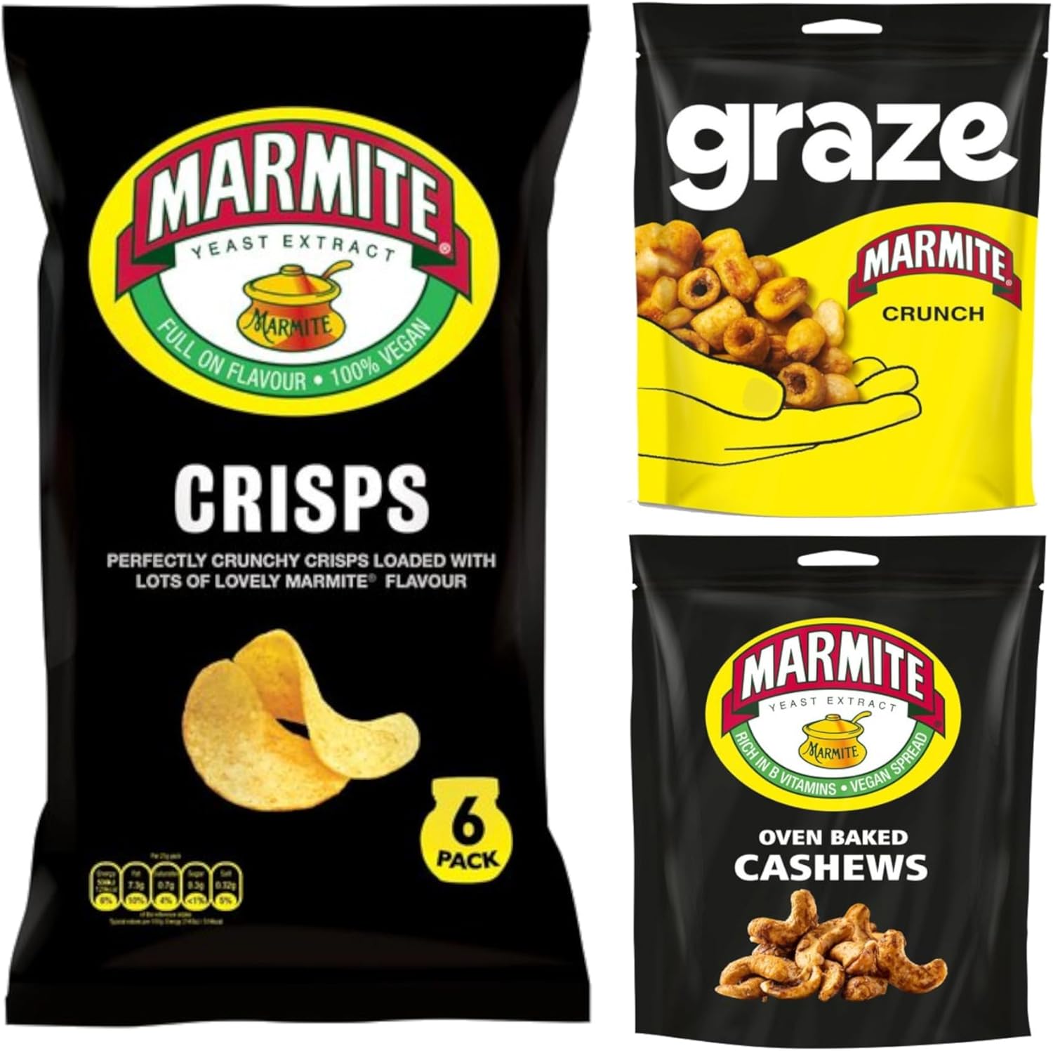 Marmite Infused Savoury Snack Bundle Crisps,Crunch and Cashews Snacks
