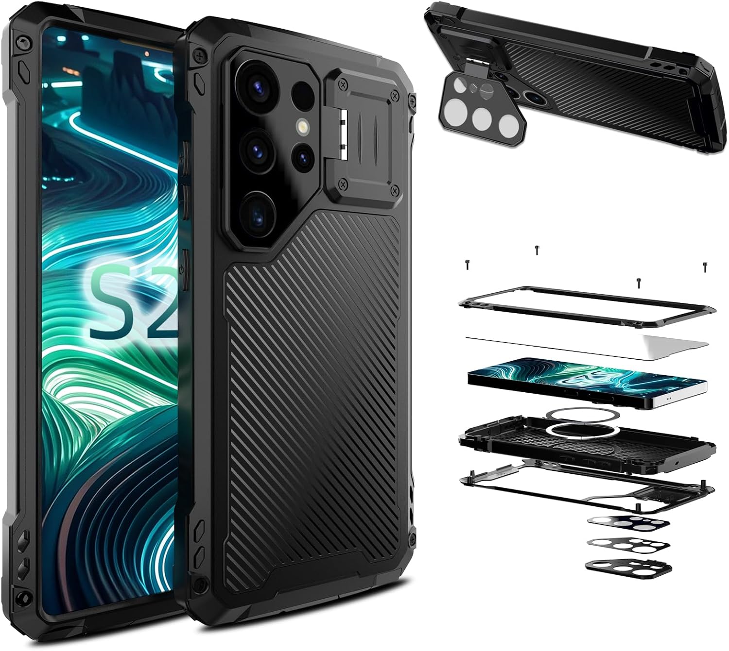 Compatible with Samsung Galaxy S25 Ultra Metal Case, Military Full Body Heavy Duty Metal Shockproof Case [Built-in Camera Kickstand & Tempered Glass] Magnetic Ring Phone Case (Black)