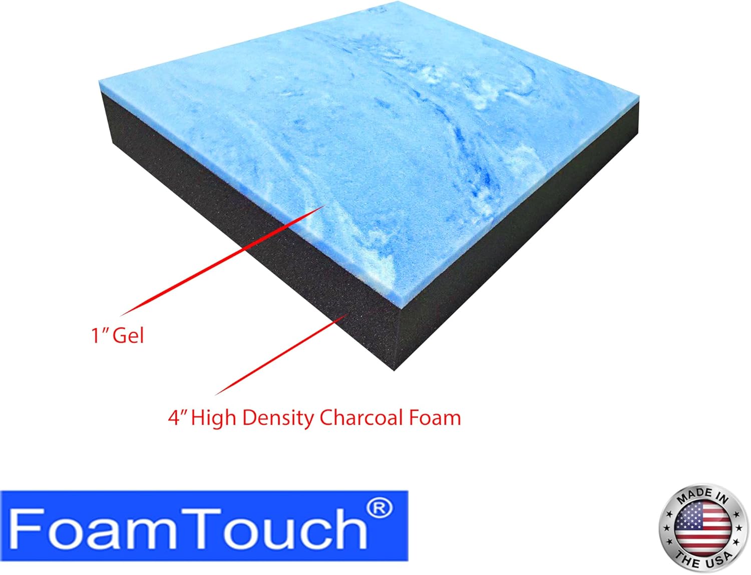 FoamTouch 5'' x 24'' x 24'' Gel Memory Foam Over Charcoal Foam, 1" Gel Memory Foam Over 4'' High Density Charcoal Foam, Couch Cushion, Seat Cushion, Wheelchair Cushion, Bench Cushion…NO Cover