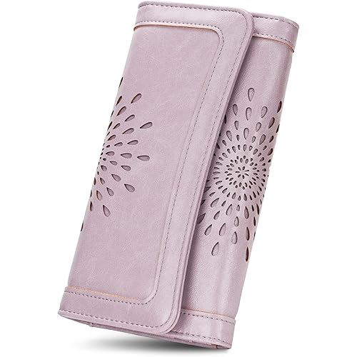 APHISON Womens Wallets RFID Blocking Leather Clutch Long Wallet for Women Card Holder Phone Organizer Ladies Travel Purse Hollow Out Sunflower Design Gift