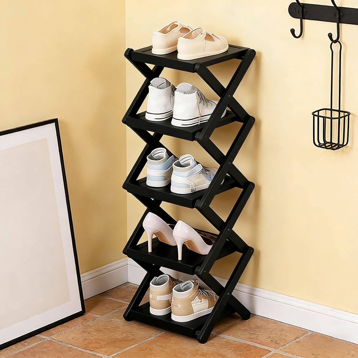 Bamboo Rack for Shoes, Tall Narrow Foldable Shoe Organizer, Space-Saving Multifunctional Shelf for Entryways Corners Bedrooms, Strong Load-Bearing Capacity, No Assembly Required (Black_5 Layers)