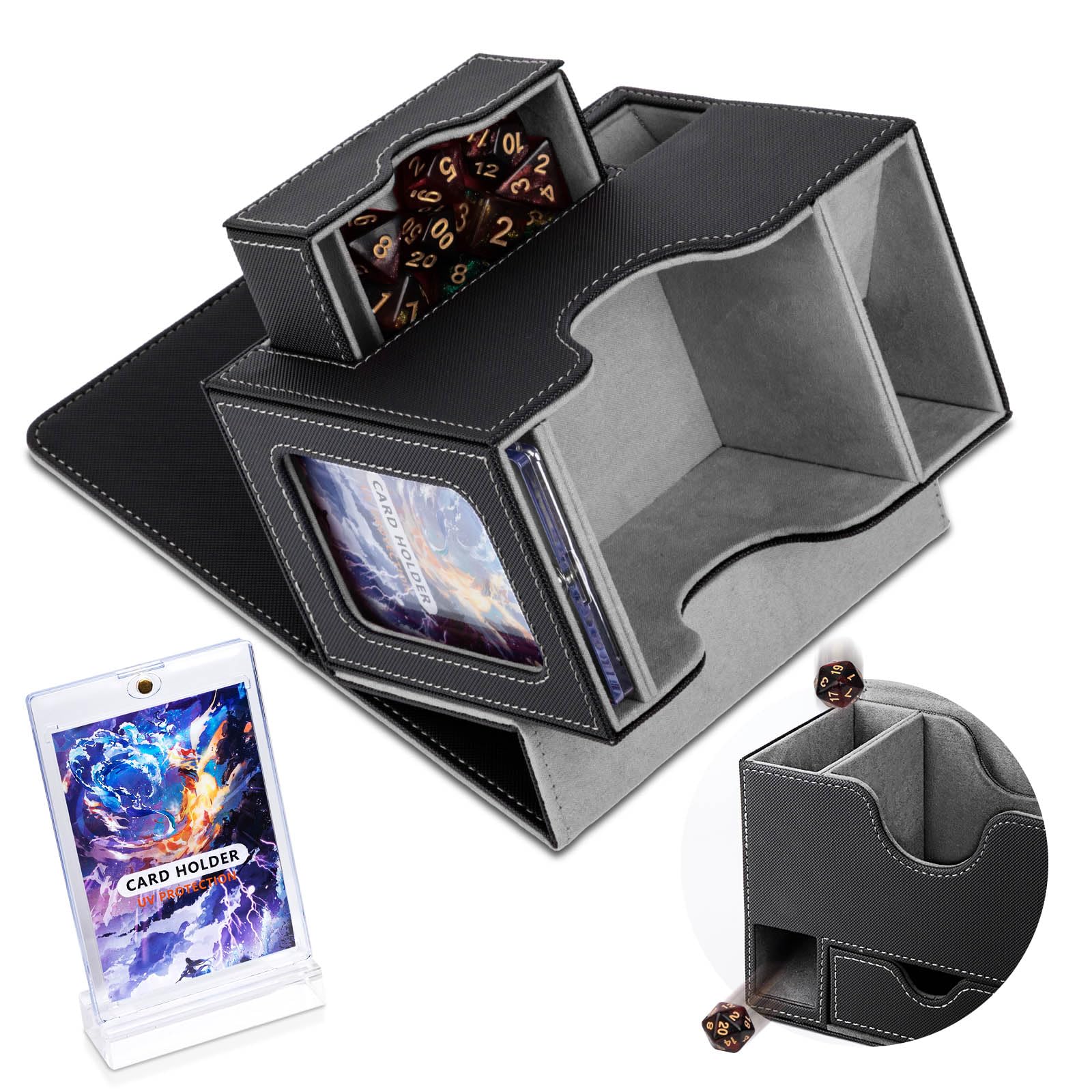 Flooyes MTG Commander Deck Box, Card Storage Box Fits 100 Double-Sleeved Cards, 35pt Card Brick, Dice Tray & Dice Pool, PU Leather Strong Magnet Card Deck Case for Magic Commander TCG CCG, Black/Grey