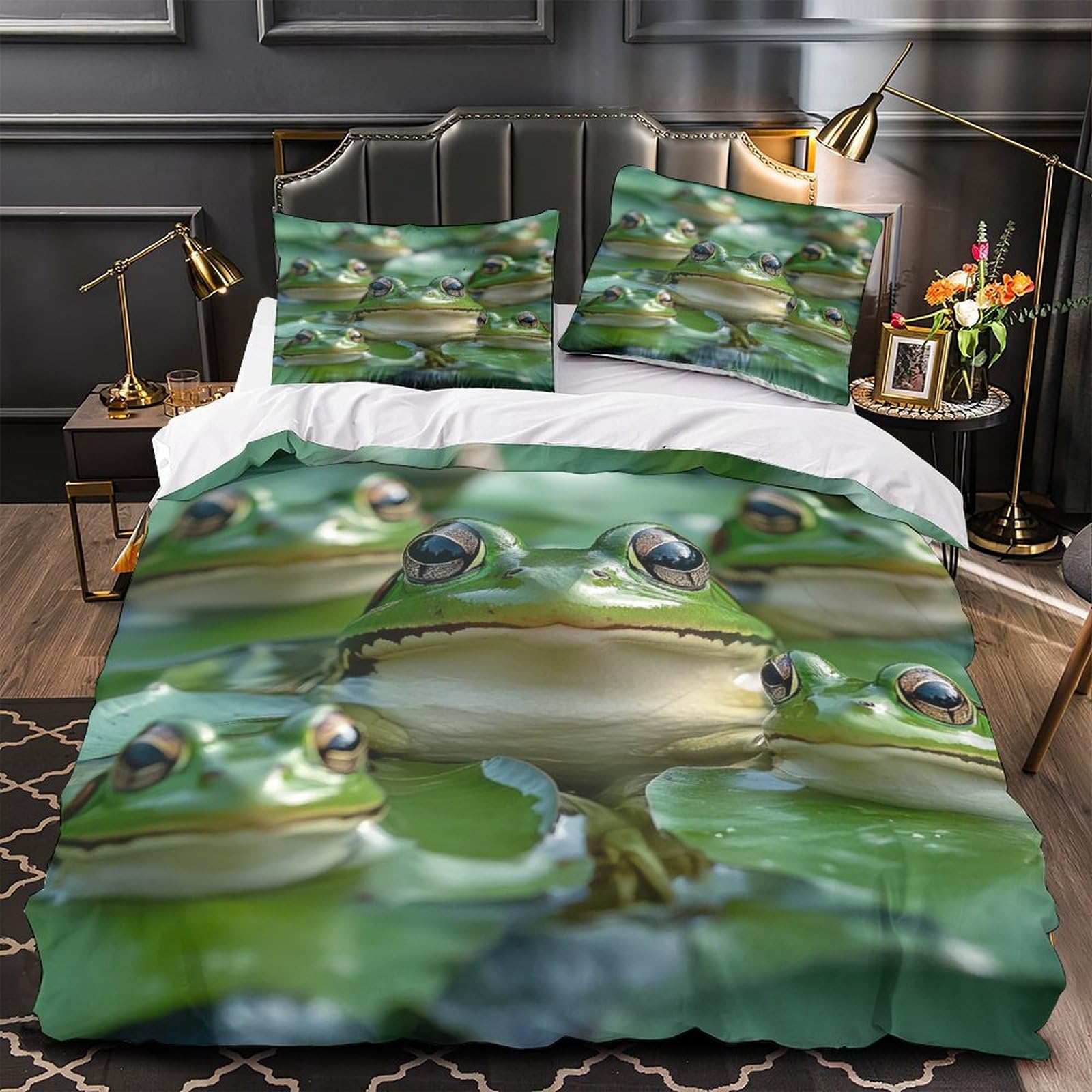 Housse de couette grenouilles 3D scène faune sauvage avec taies