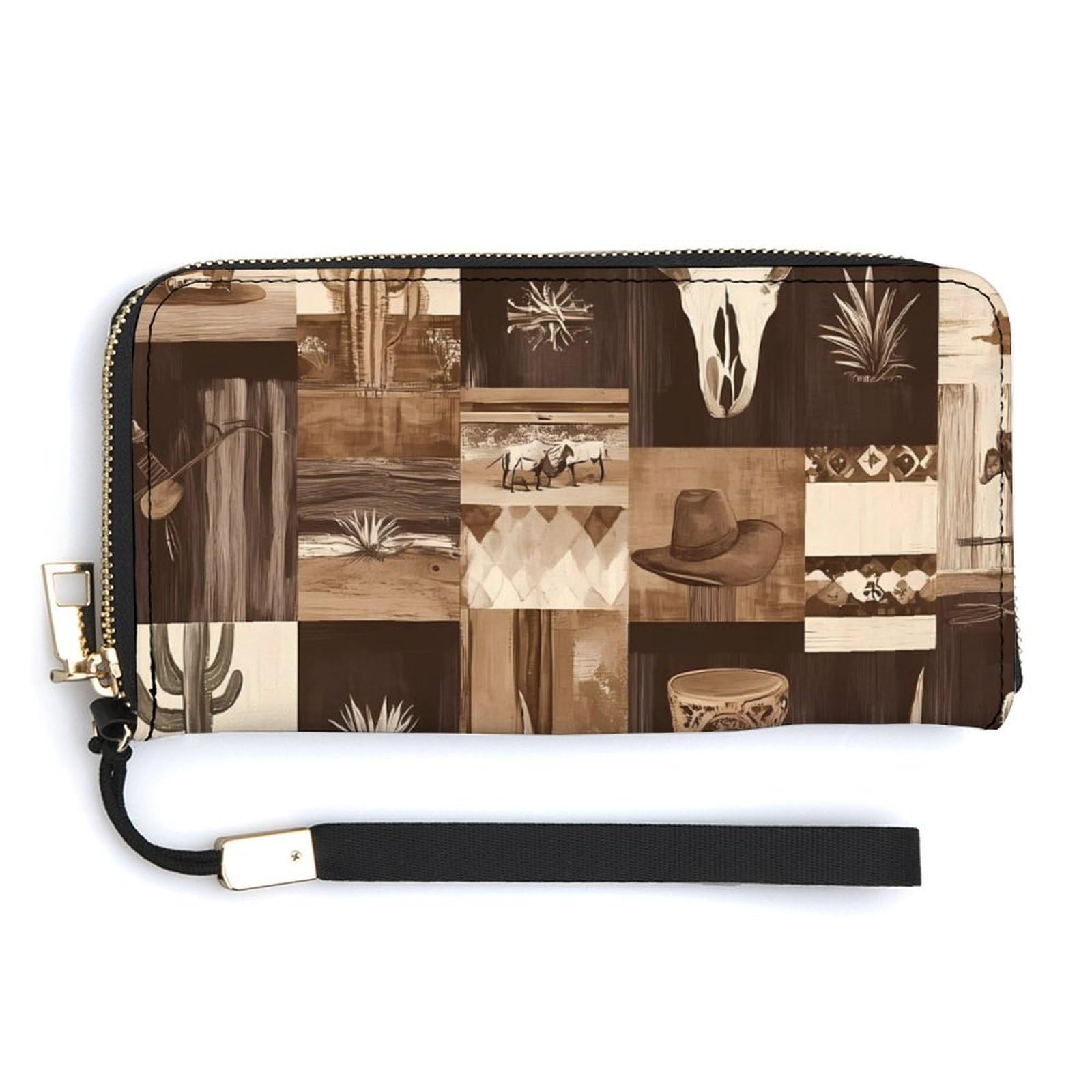 Bull Skull Western Pattern Leather Large Capacity Wallet with Wrist Strap Credit Card Holder Wallets Travel Purse Handbags