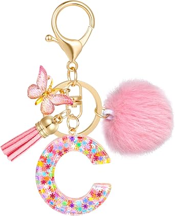 JSRQT Pink Initial Letter Keychain,Cute Snowflake Sequins Key Chains for Girls Women Gift Handbag Decor