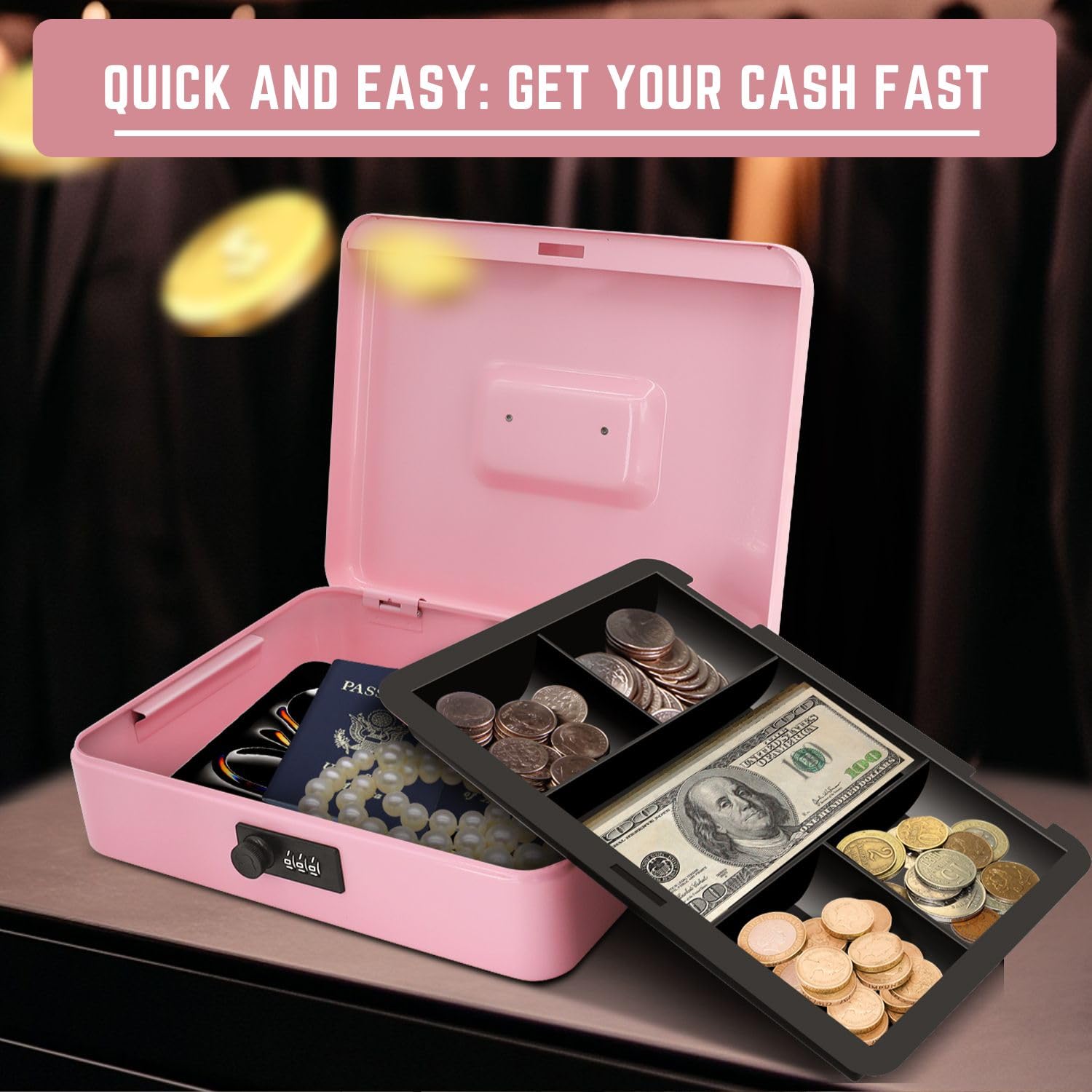 Flexzion Cash Lock Box with Key, Pink Petty Cash Box with Lock for Small Businesses Events & Personal Savings - Image 3