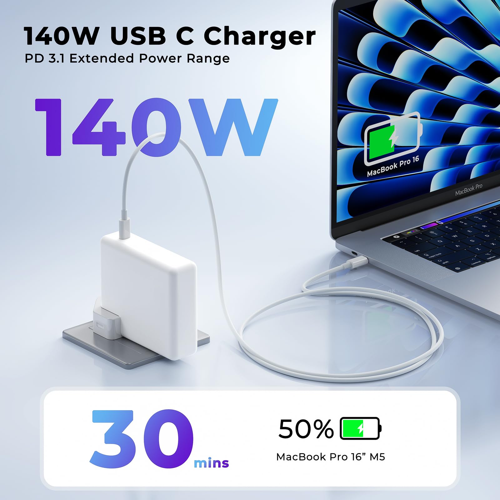 MacBook Pro Charger 140W USB‑C PD 3.1 Fast Charging Adapter for MacBook Pro 13/14/15/16 & MacBook Air 13/15 (2016–2026, M1/M2/M3/M4/M5), iPad Pro/Air/Mini, with 2m 5A USB‑C Cable – Replacement Charger — view 2