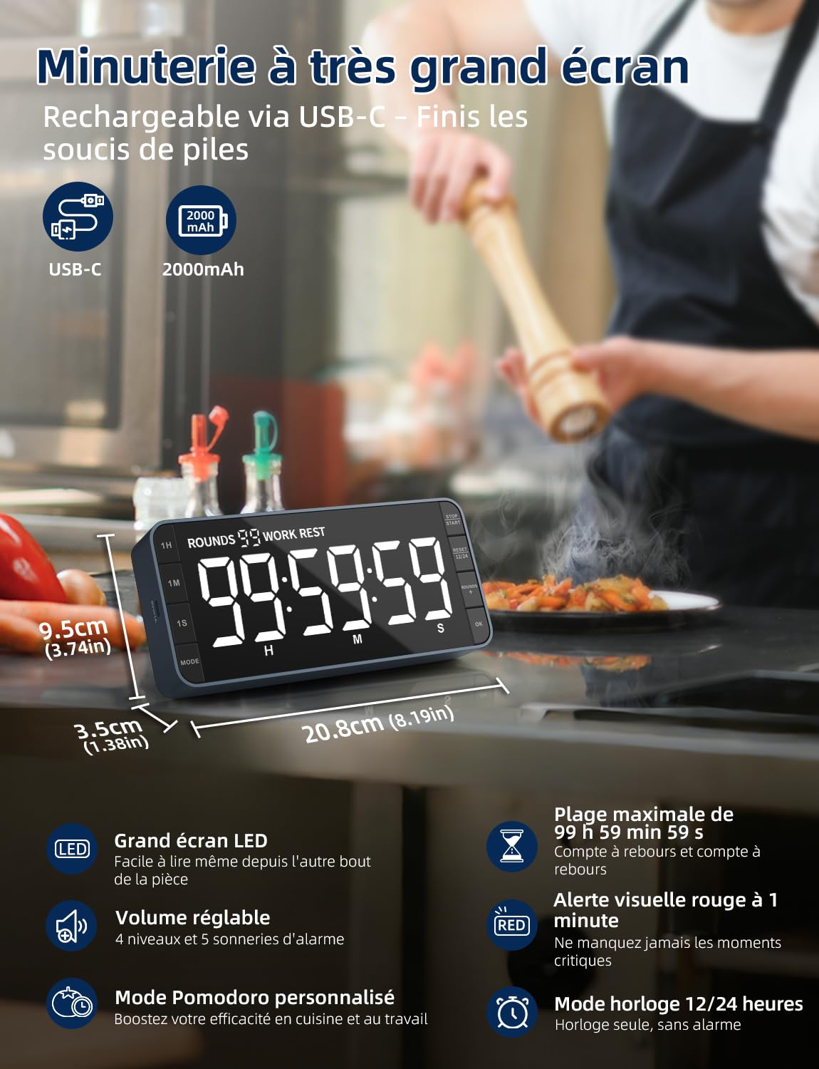 Minuteur Horloge Cuisine: 99h 59min 59sec Compte à rebours/Montant, Rechargeable, numérique par intervalle, LED 7,8'' Large, 3 luminosités, 5 alarmes, 4 volumes, magnétique (Bleu Marine)