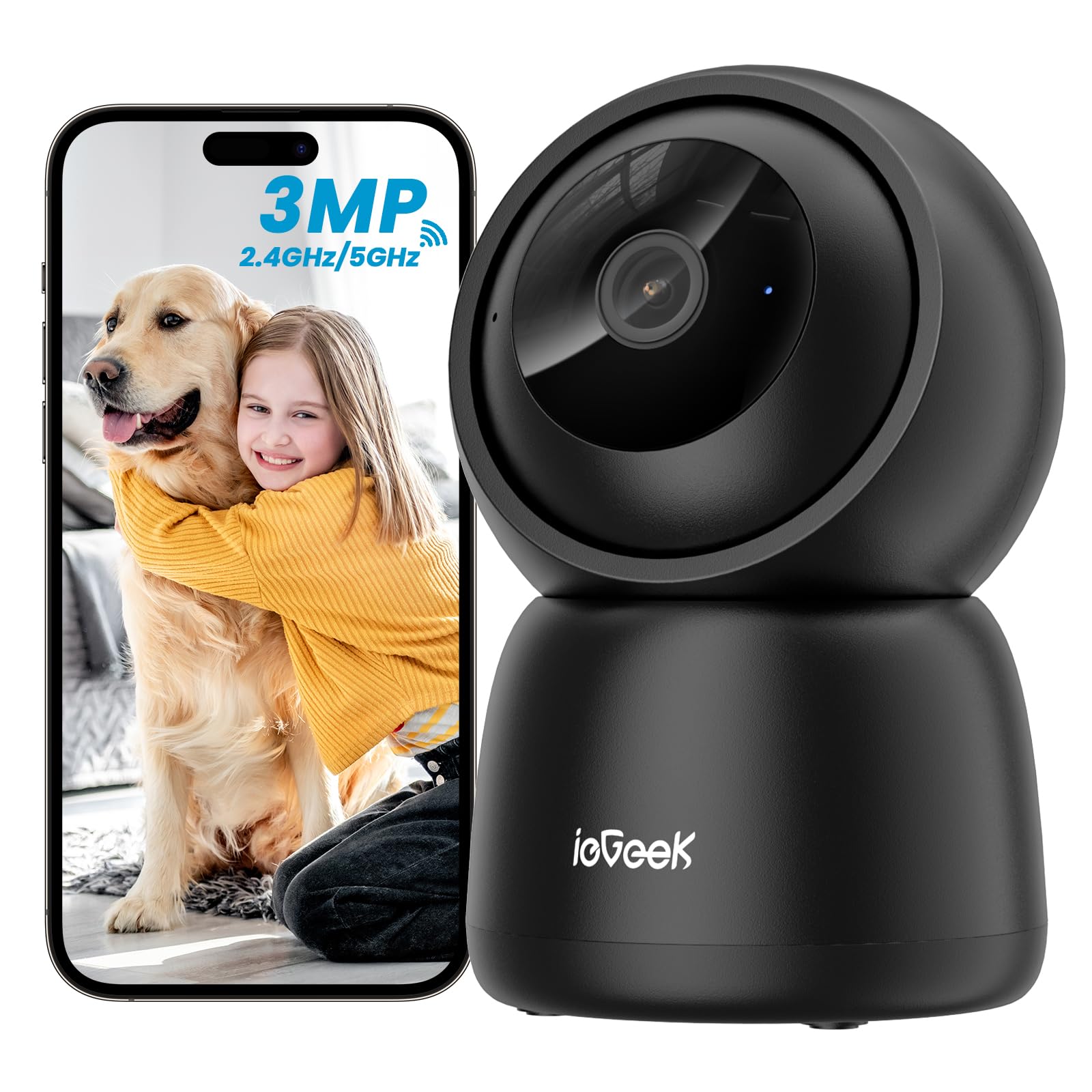 ieGeek Cámara WiFi interna 2,4/5 GHz, cámara de vigilancia interior con seguimiento automático y rotación de 360°, grabación 24/7, visión nocturna, audio bidireccional, SC1, negro Global Recycled Standard Global Recycled Standard Global Recycled Standard