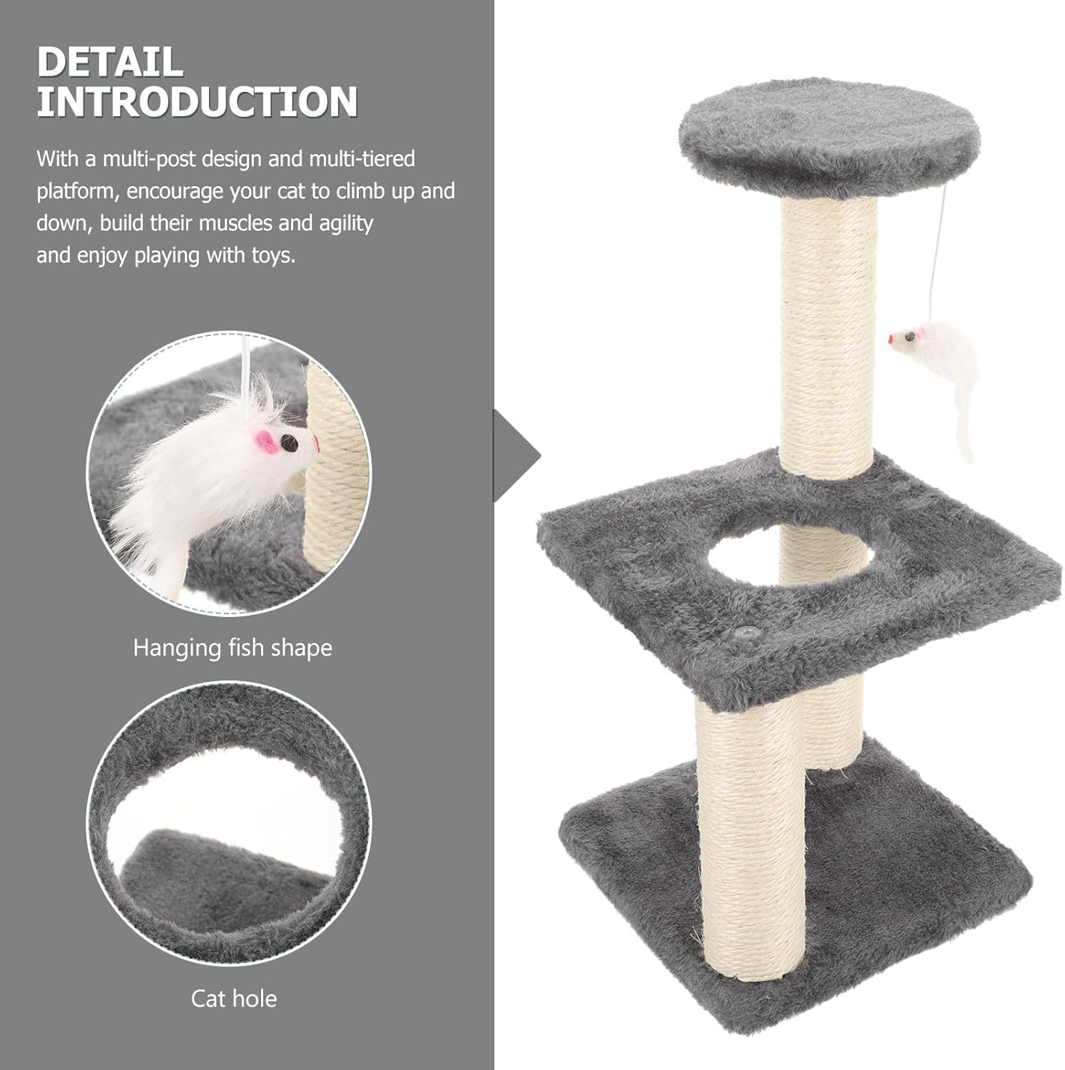 BESTonZON 3-Layer Sisal Vertical Cat Scratching Post Tower with Mouse Wear-Resistant Indoor Kitten Scratcher and Multi-Level Climbing Cat Tree for Gray