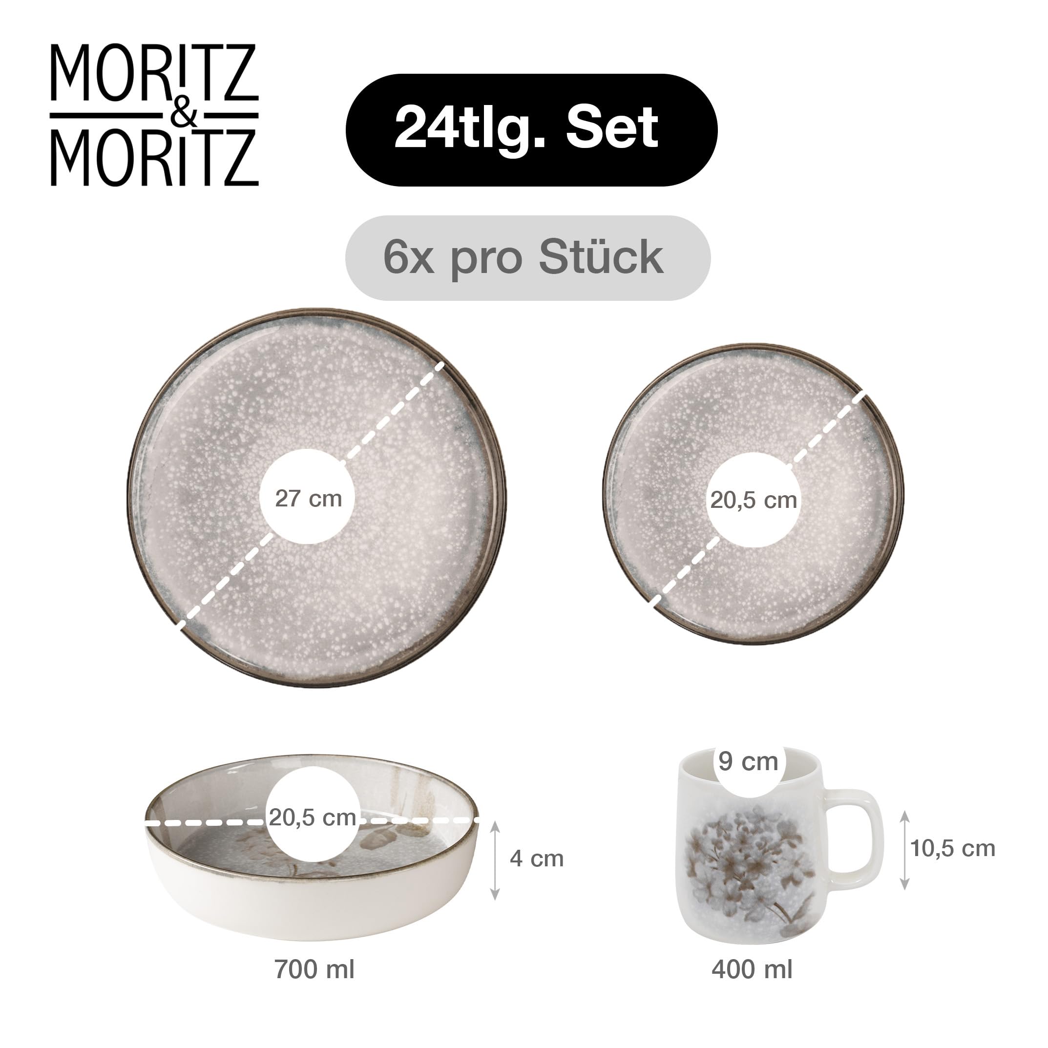 Moritz & Moritz BLOSSOM Porzellan Geschirrset 6 Personen 24-tlg. - Modernes Tafelservice mit verspieltem Design - Pflegeleichtes Kaffeeservice mit Teller Set, Schüsseln & Tassen - Kombiservice