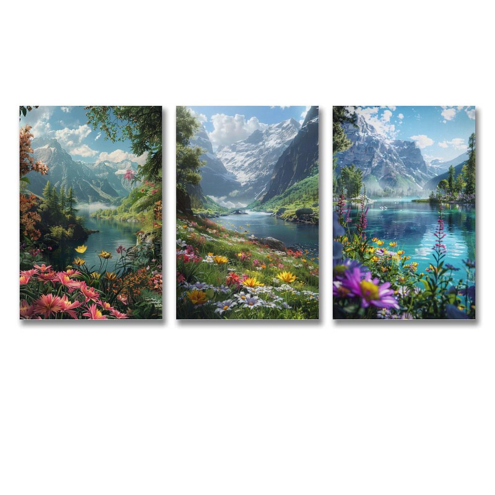 Amazon.co.jp: 3枚 山のふもとの川沿いに咲く花や木々 絵画 インテリア