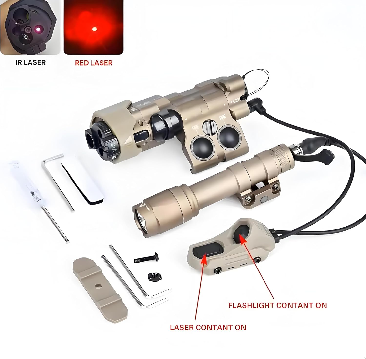 Metal MWL Red Indicator Powerful Laser Dot IR Indicator Sight with M600C Flashlight & Dual Control Remote Pressure Button Switch Combo，600 Lumen White LED Tactics Scout Torch Lights，for 20mm Rail，Tan
