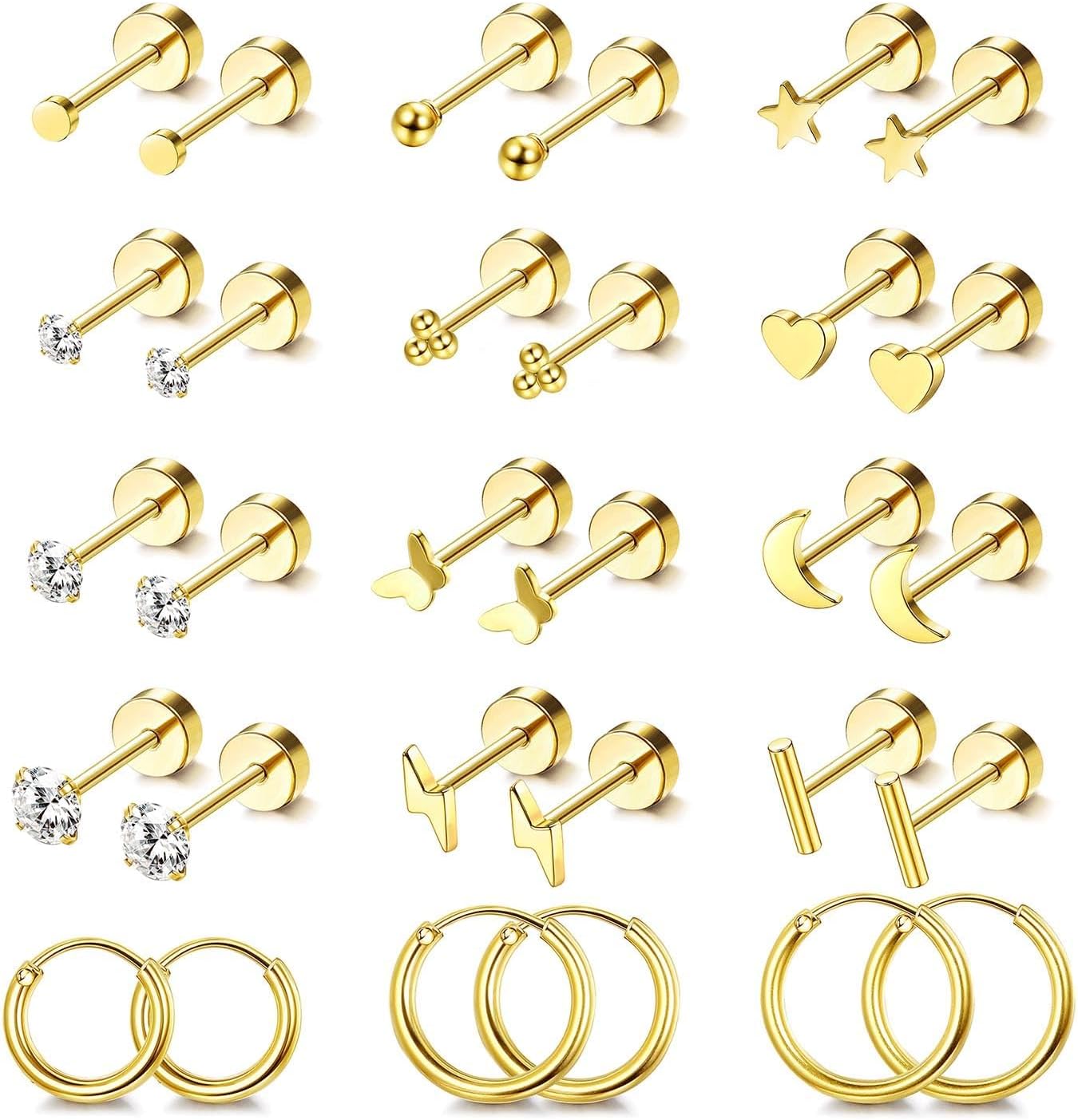 TERRIFI Hypoallergenic Surgical Steel Earrings for Sensitive Ears, 14K Gold Flat Back Stud Earrings, Small Stainless Steel Hoop with Screw Back, Ideal for Multiple Piercings, for Women and Men