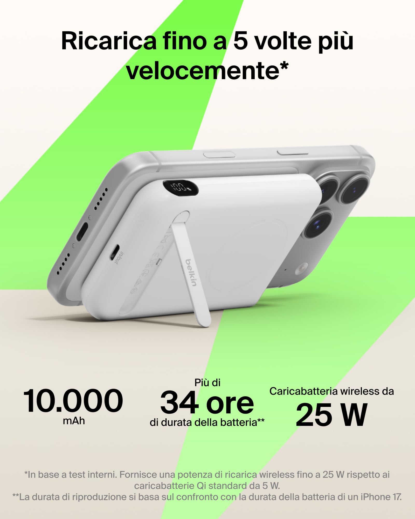 Belkin BoostCharge Power Bank Magnetico 5000mAh con Supporto - Bianco | Caricatore Portatile 5000mAh Wireless, Anello Magnetico, Porta USB-C, Pre-Caricato, Cavo Incluso, Sicuro per l'Aereo