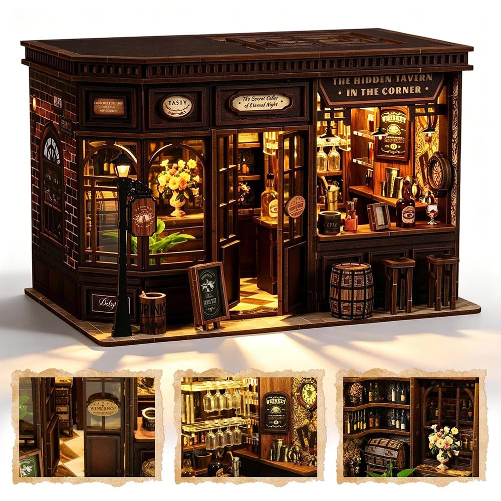 Corner Tavern Book Nook Kit - DIY Miniature House Kit with LED Lights, 3D Wooden Puzzles for Adults, Teens & Beginners, Unique Gift for Book Lovers, Bookshelf Decor