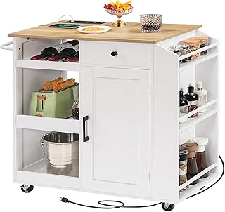 Kitchen Island with Power Outlet, Kitchen Storage Island with Drawer, Rolling Kitchen Cart on