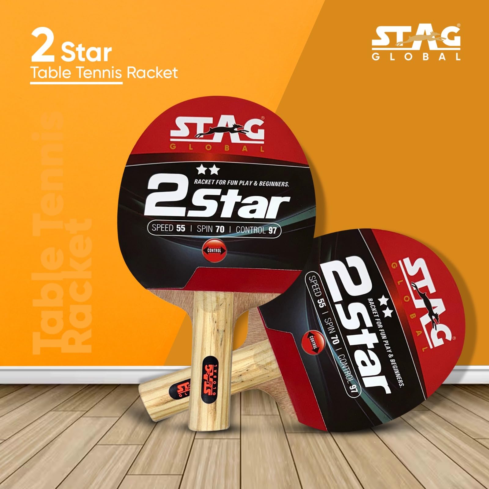 STAG GLOBAL 2 Star Table Tennis Racket | TTFI Approved | Speed 55, Spin 70, Control 95 | 200Grams | Ergonomic Straight Handle for Control Play | Ideal for Beginner Training, 2