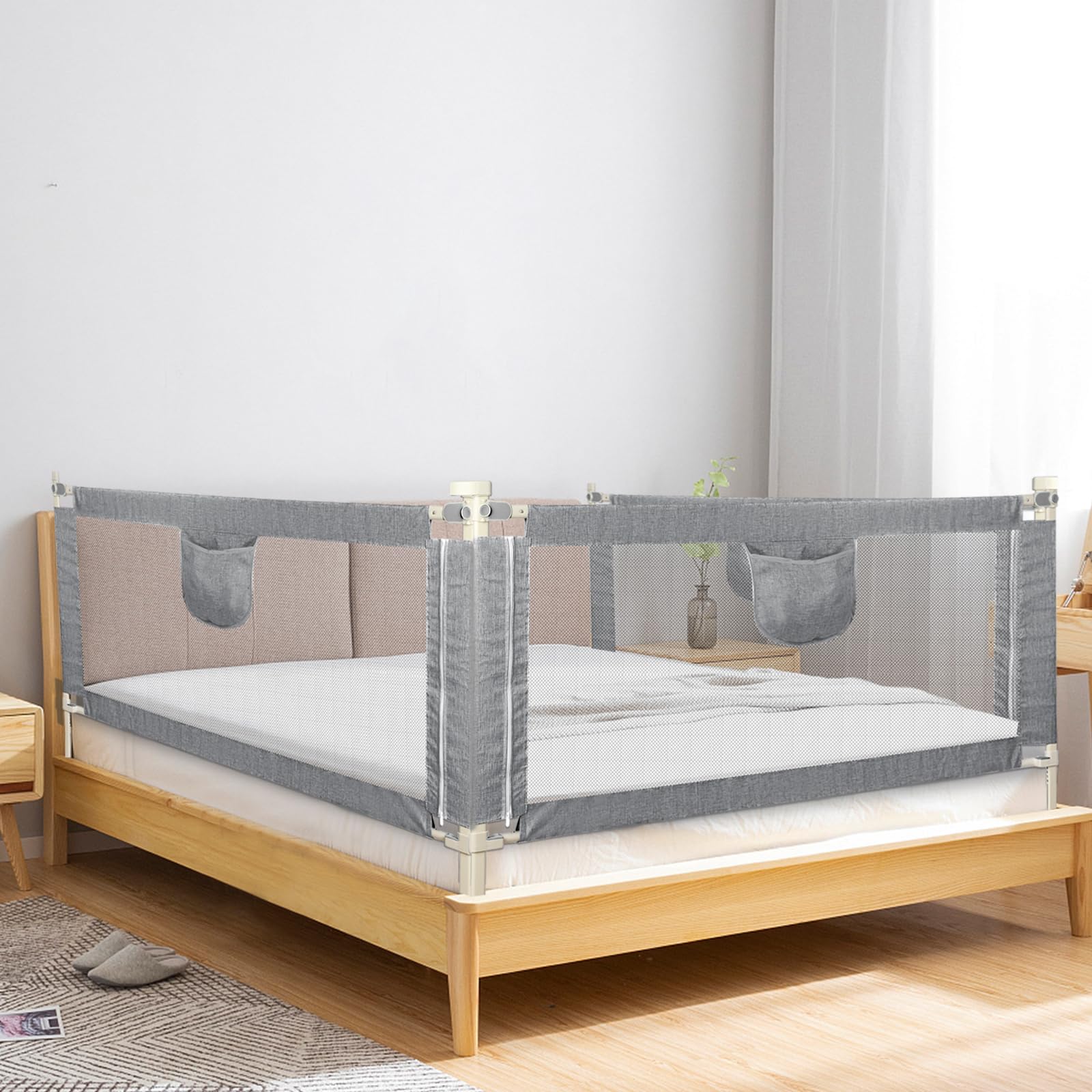 Rausfallschutz Bett, Bettgitter Rausfallschutz, Kinderbettgitter Höhenverstellbar, Bettschutzgitter für Kleinkinder, Babybettgitter mit Luftiges Netz-1,5 m – grau