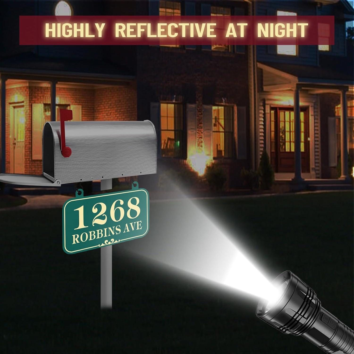 Hanging Address Plaque Metal Sign - Personalized House Number Sign Plaque,House Numbes for Outside House,Mailbox,Lamp Post,Light Post Reflective Double Sided with 2 Hooks 10" x 6.7"